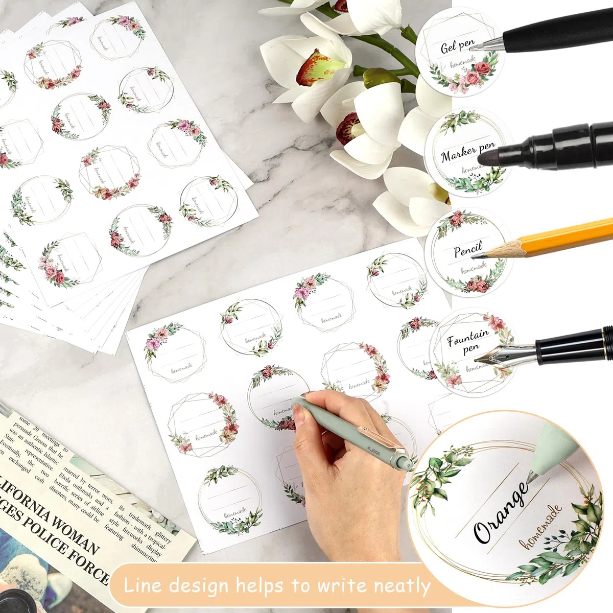 Marmeladenetiketten, 240 Stück Selbstklebend Klebeetiketten zum Beschriften | 5cm Floral Runde Aufkleber zum Beschriften von Gläsern, Flaschen und Backwaren, Küche Klebeetiketten