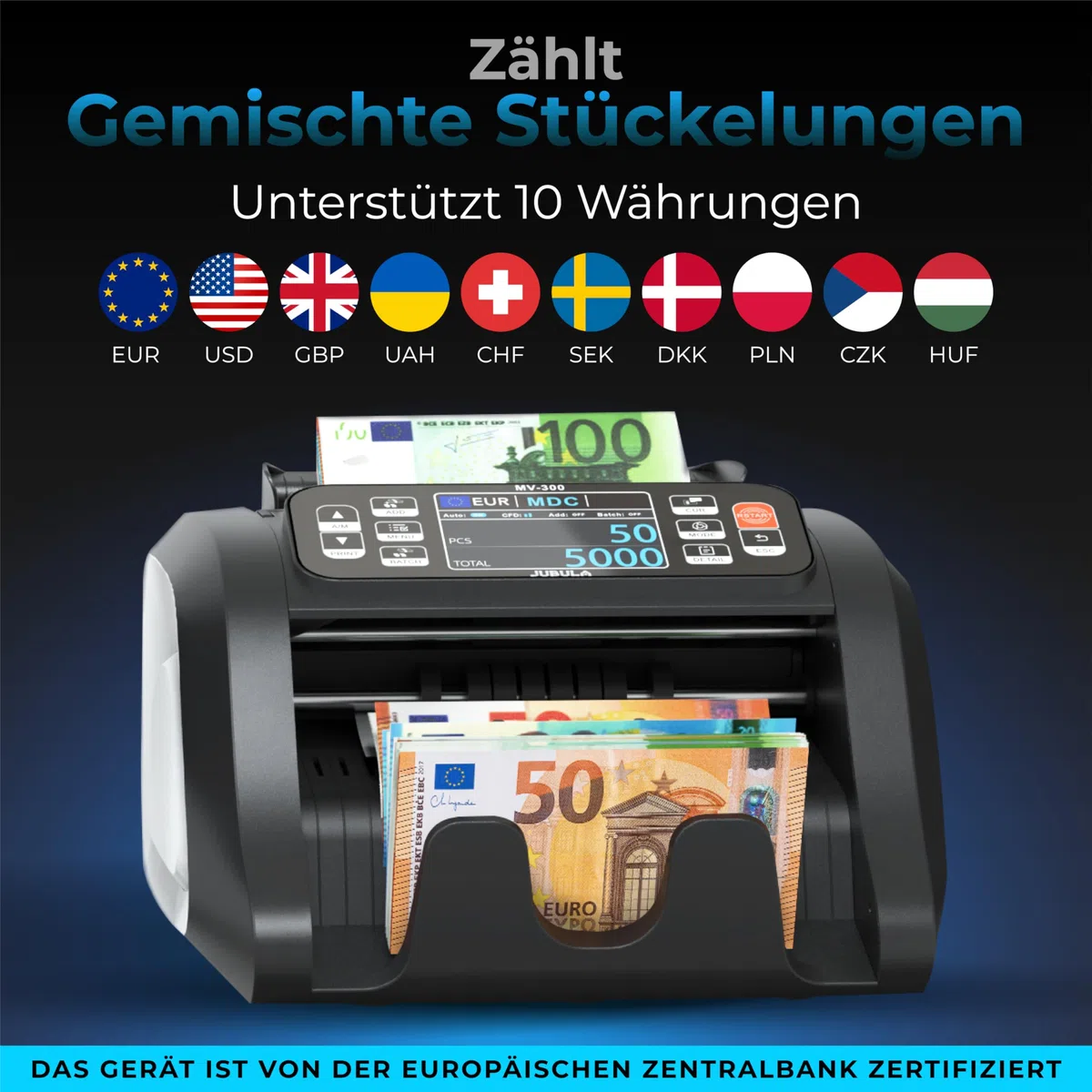 MV-300 Geldzählmaschine für gemischte Geldscheine | UV/MG/MT/IR/DD usw. | Sicher | Exakt | EUR USD GBP usw. | Banknotenzähler | Geldzähler | Banknotenzählmaschine | Geldscheinzähler