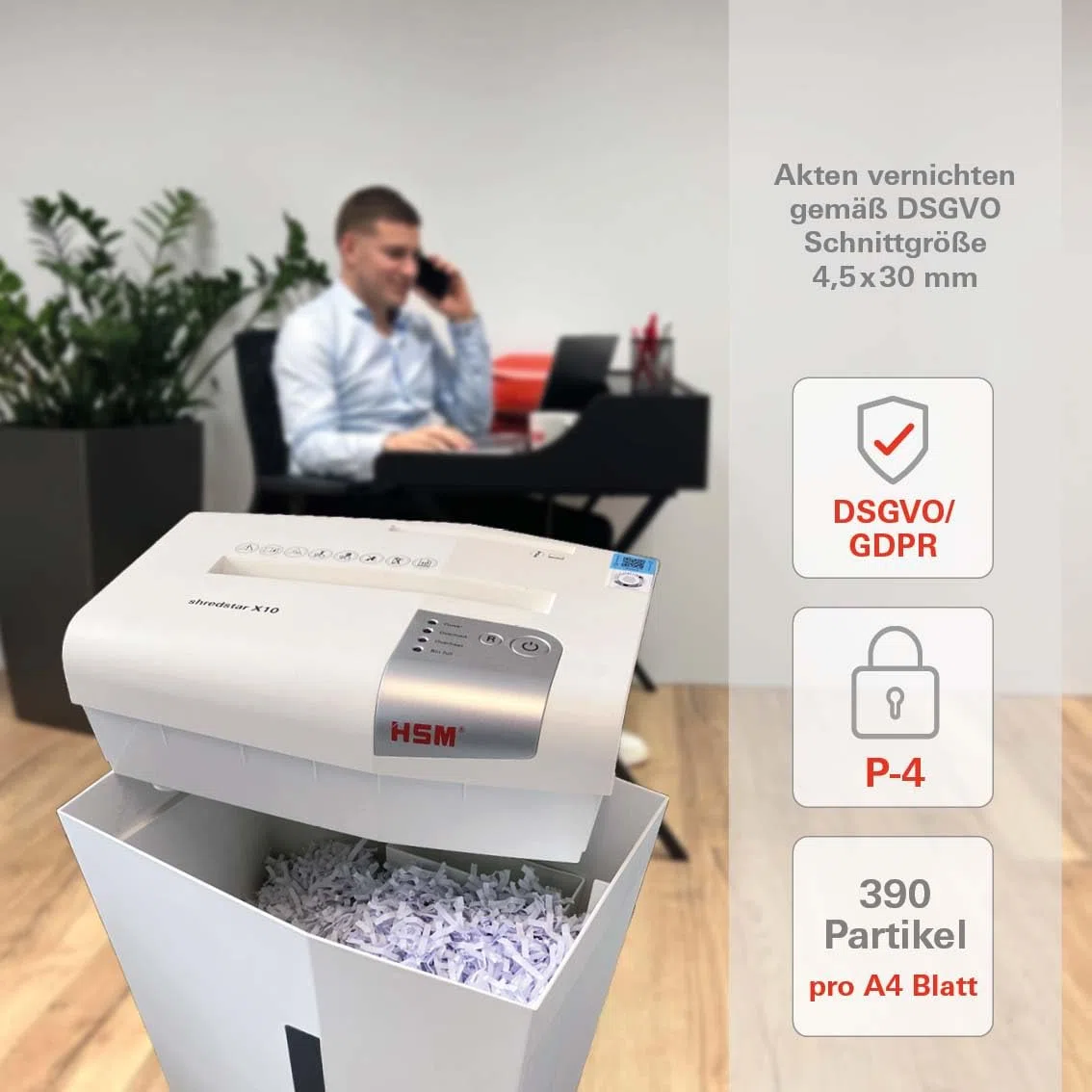 HSM shredstar X10 Aktenvernichter I Partikelschnitt 4,5x30 mm I 10 Blatt | Sicherheitsstufe P-4 I Leiser Home Office Schredder für Papier, CD/DVD, Kreditkarten I 20l Auffangbehälter I 2 Jahre Garantie