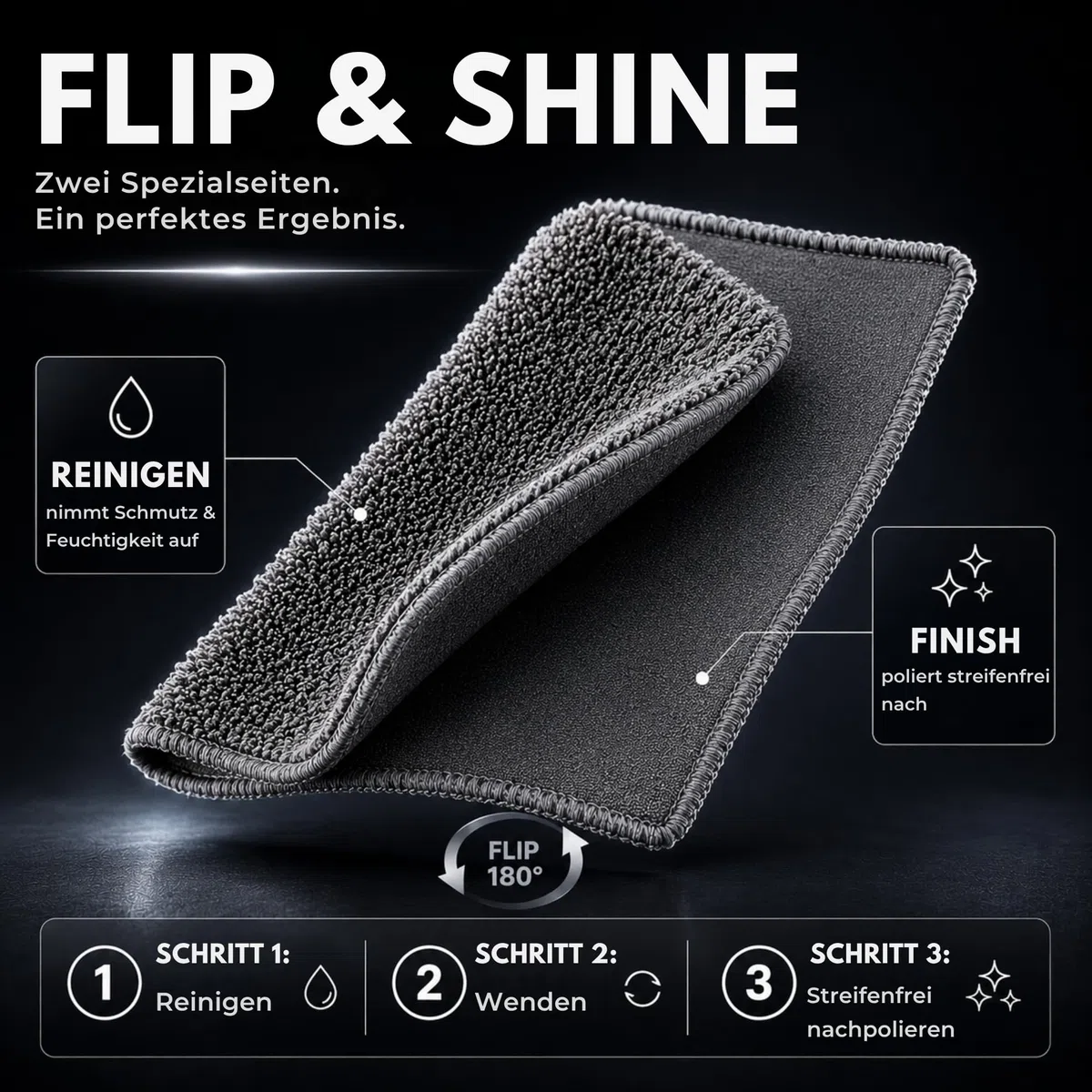 2er Set Premium-Mikrofasertücher Graphitgrau, Flip & Shine | 2 Profi-Tücher 30x30 cm mit Hochflor- & Polierseite | Ideal für Matte & hochglänzende Küchenoberflächen