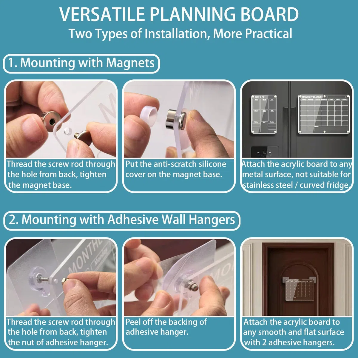 Acryl Magnetischer Kalender für Kühlschrank, 2 Stück, Transparenter Abwischbar Monats- und Wochenkalender Planungstafel für Kühlschrank, mit 6 Farbmarkern, Stifthalter und Handtuch