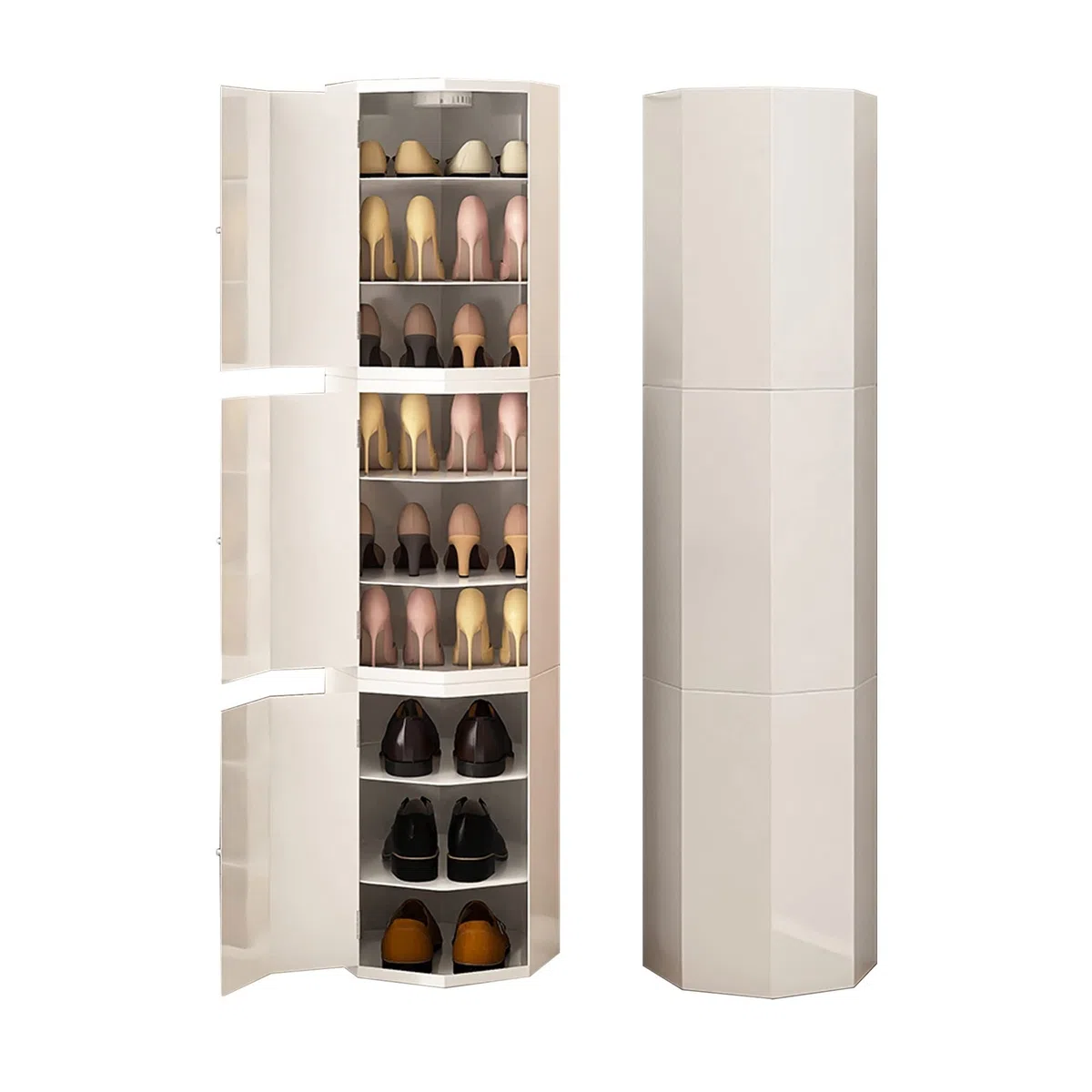 Runder drehbarer Schuhregalturm, 360°-Organizer, 45/86/127/169/210 cm, Lazy Susan-Schuhregal, vertikales Schuhregal für kleine Räume, für Eingangsbereich, Wohnzimmer, Flur, Schuhschrank (Far
