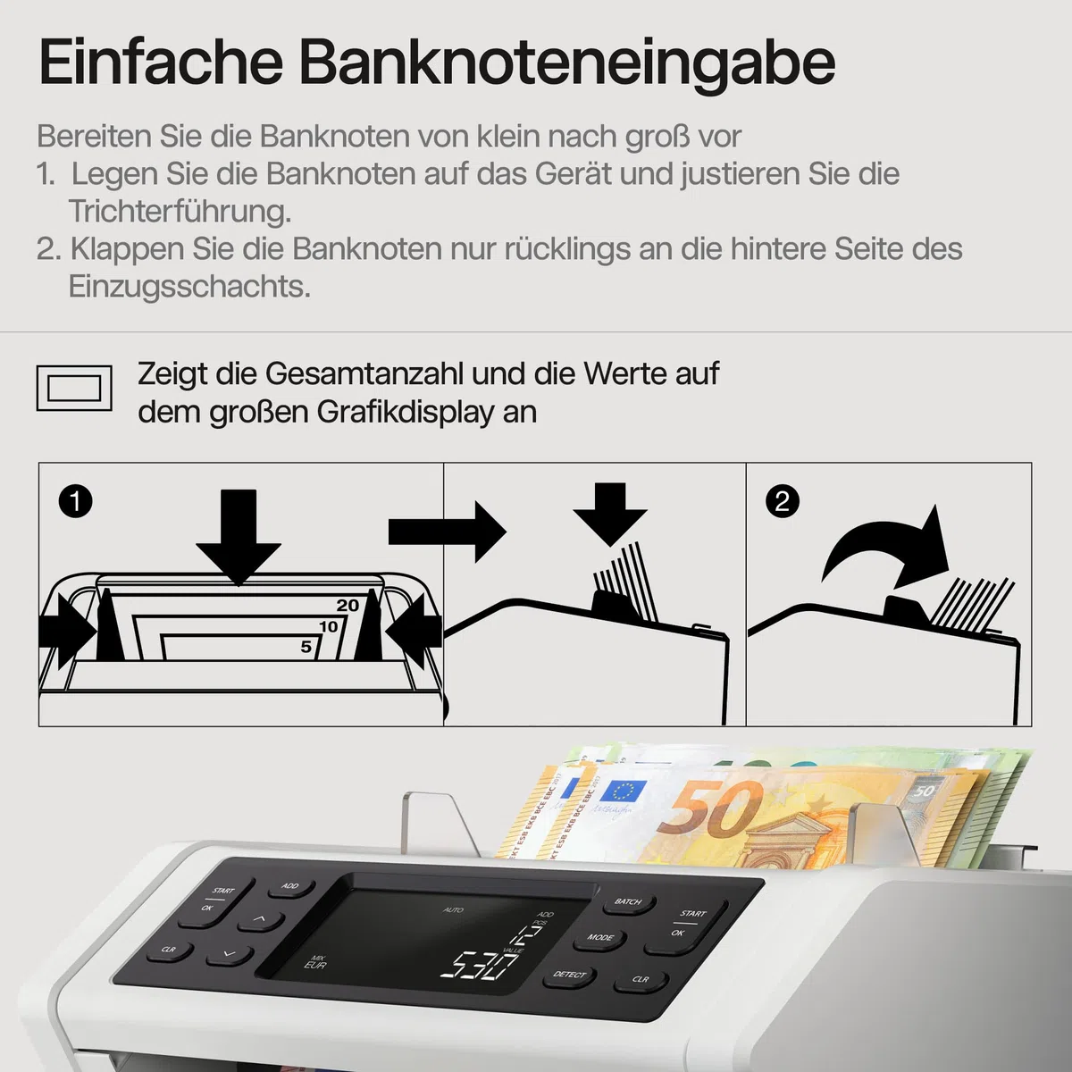 Safescan 2265 Geldzählmaschine, Wertzählung für gemischte EUR- und GBP-Banknoten - Banknotenzähler mit 6-facher Echtheitsprüfung - zählt sortierte Banknoten aller Währungen