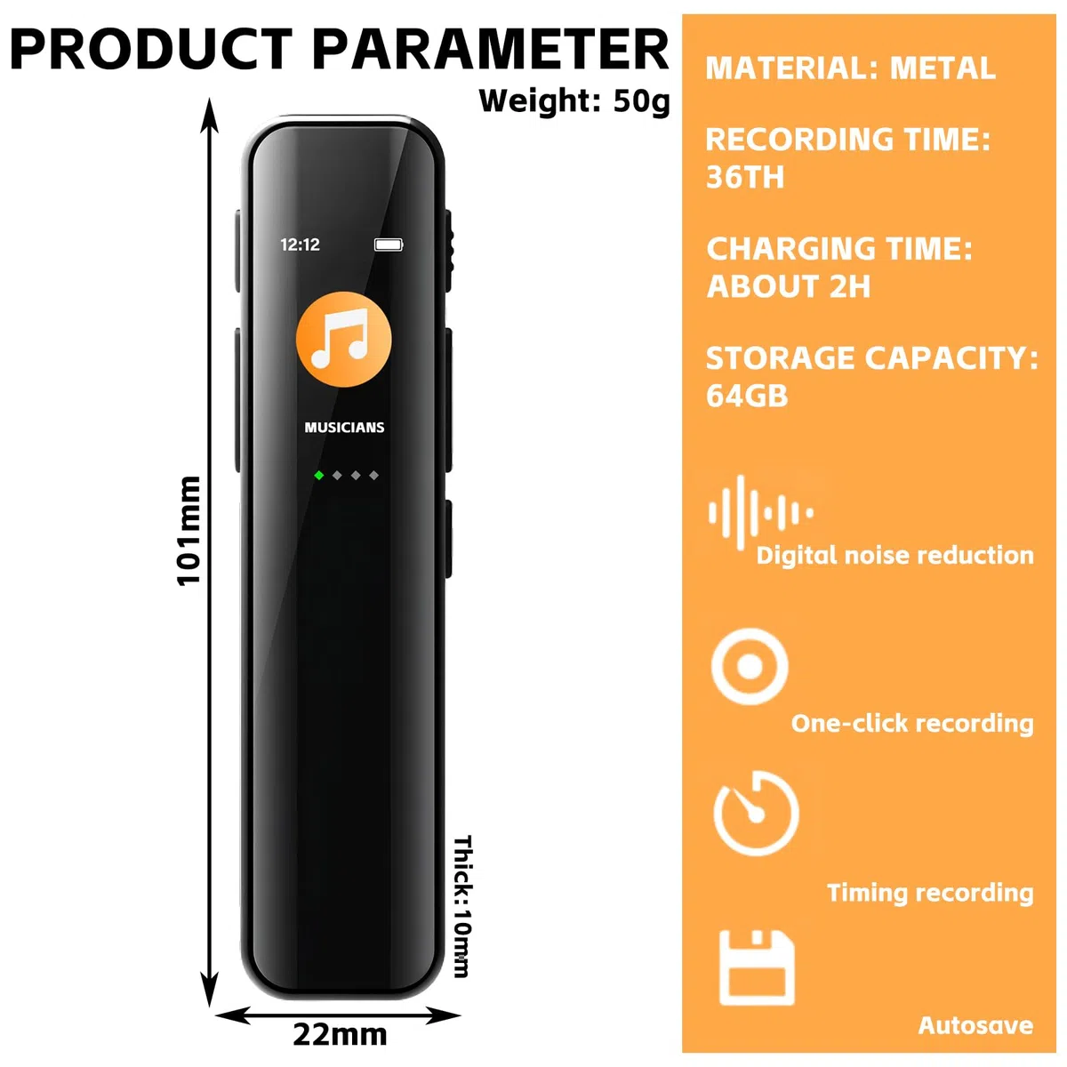 Diktiergerät Mini 64GB, Aufnahmegerät, Digitales Diktiergerät, Diktiergerät Digital mit Wiedergabe, Audio Recorder für Besprechungen Unterricht Interviews, One-Touch Aufnahme Voice Recorder