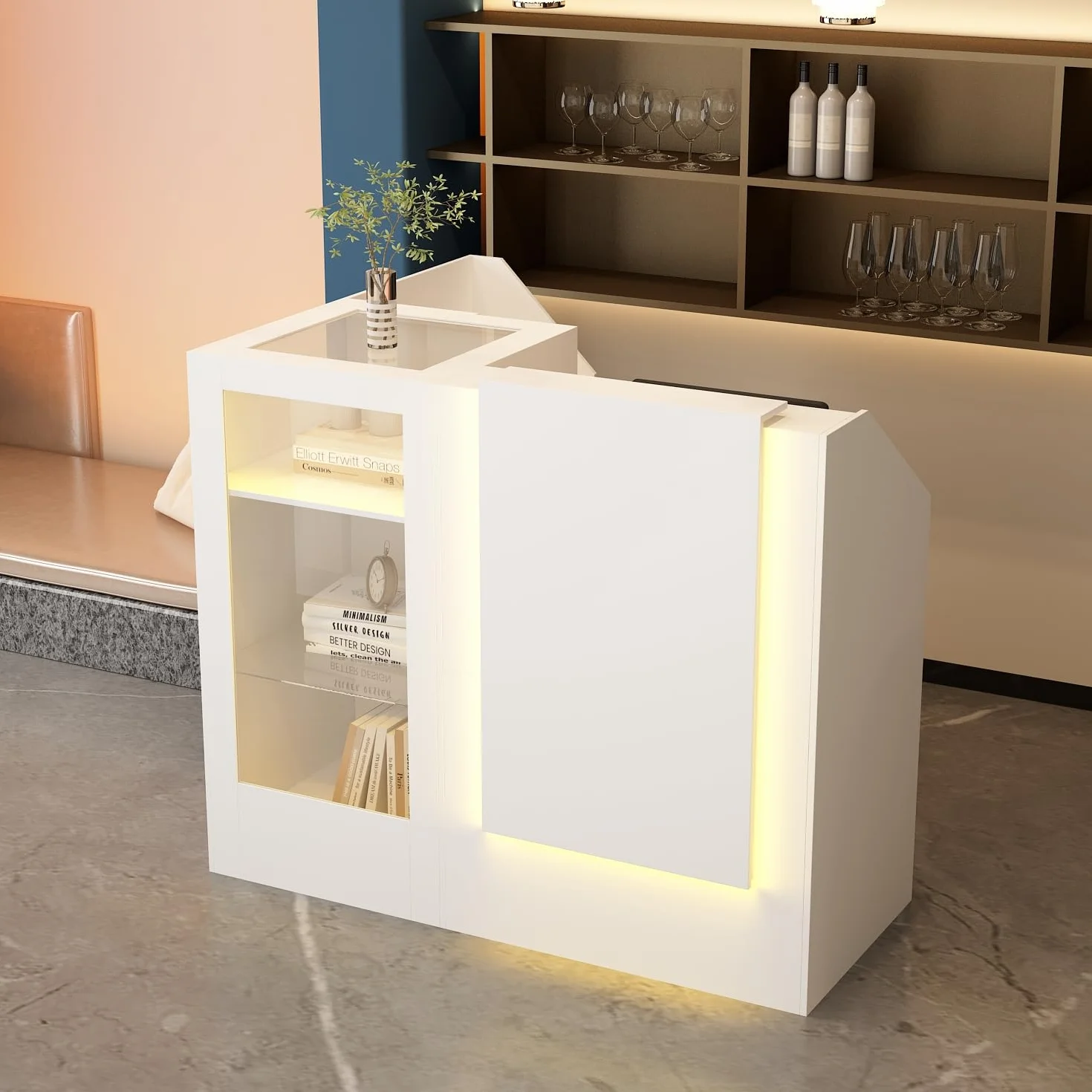 Weißer Eck-Empfangstheke,Eck-Empfangstisch mit Tastaturschublade und 2 Schränken, Empfangstresen mit Lichtleisten, Empfangstresen mit gehärteter Glasplatte, Rezeptionstisch,120 x 122 x102 cm