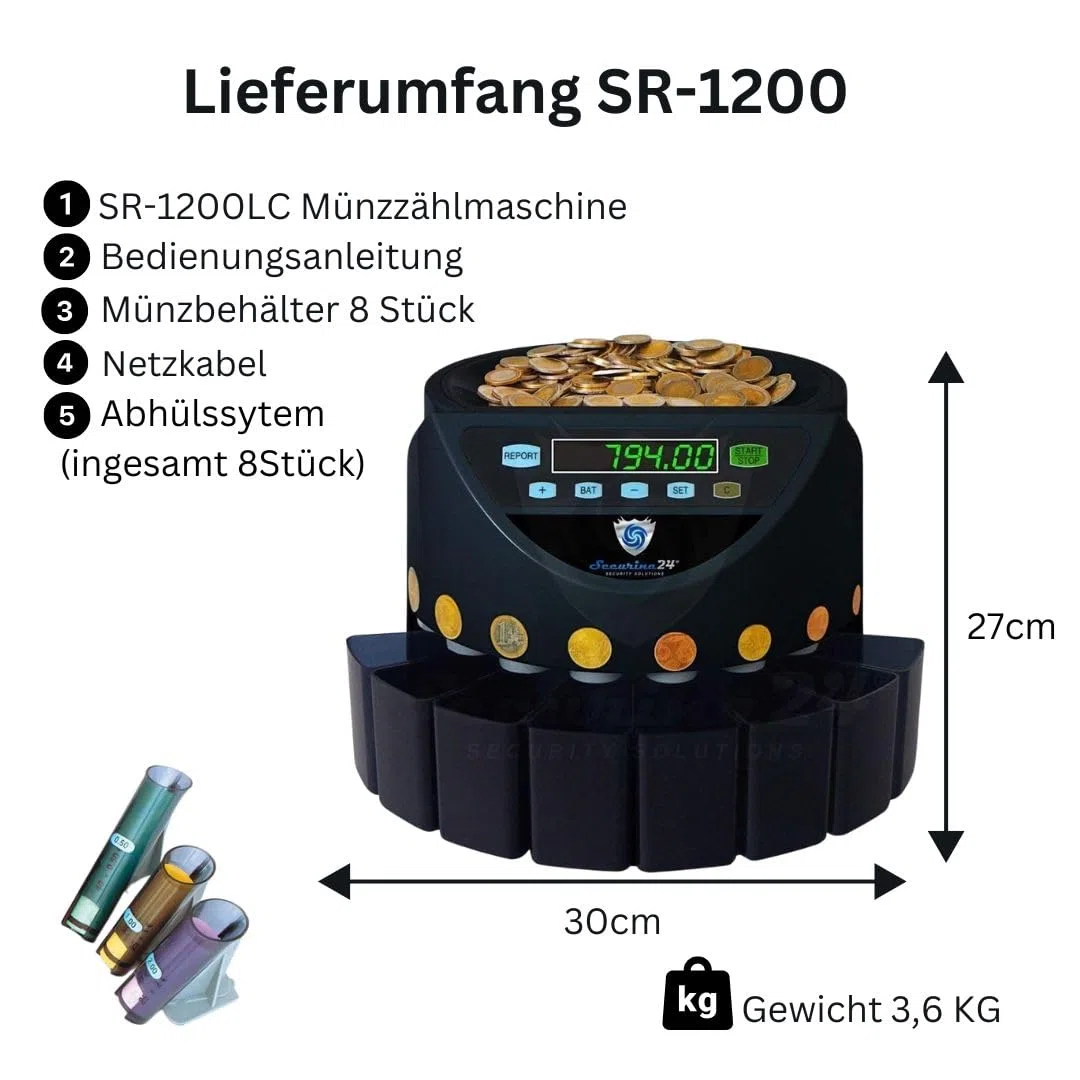Automatischer Euro Münzzähler & -sortierer Geldzählmaschine SR1200 mit Abhülsung Geldzähler Münzzählautomat Securina24 (schwarz - BBB)