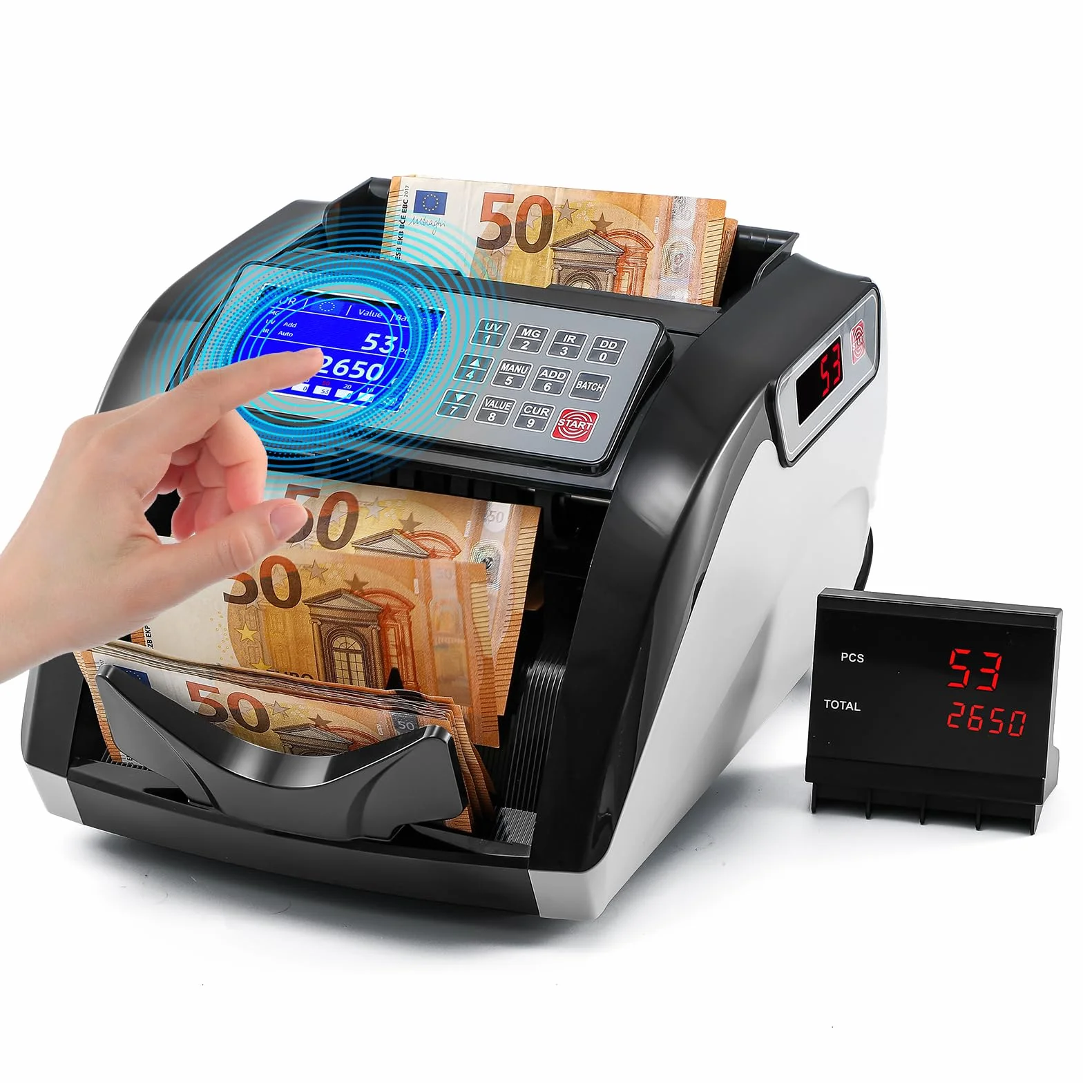 Bonvoisin Geldzählmaschine, Wertzähler für Sortierte Banknoten, Banknotenzähler mit UV/IR/MG-Falschgelderkennung, 1000 Stück/min, Geldzähler mit Touchscreen (Mischbeträge nicht Zählbar)