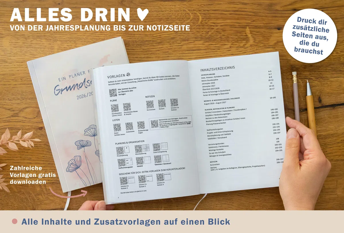 Eine der Guten Grundschulplaner 2026/2027 A5 Softcover – Lehrerkalender Grundschule 2026 2027 | Leseband, 6 Stunden, Beobachtungsbögen | nachhaltig, FSC-Papier, klimaneutral | Creme Blau Rosa Blumen