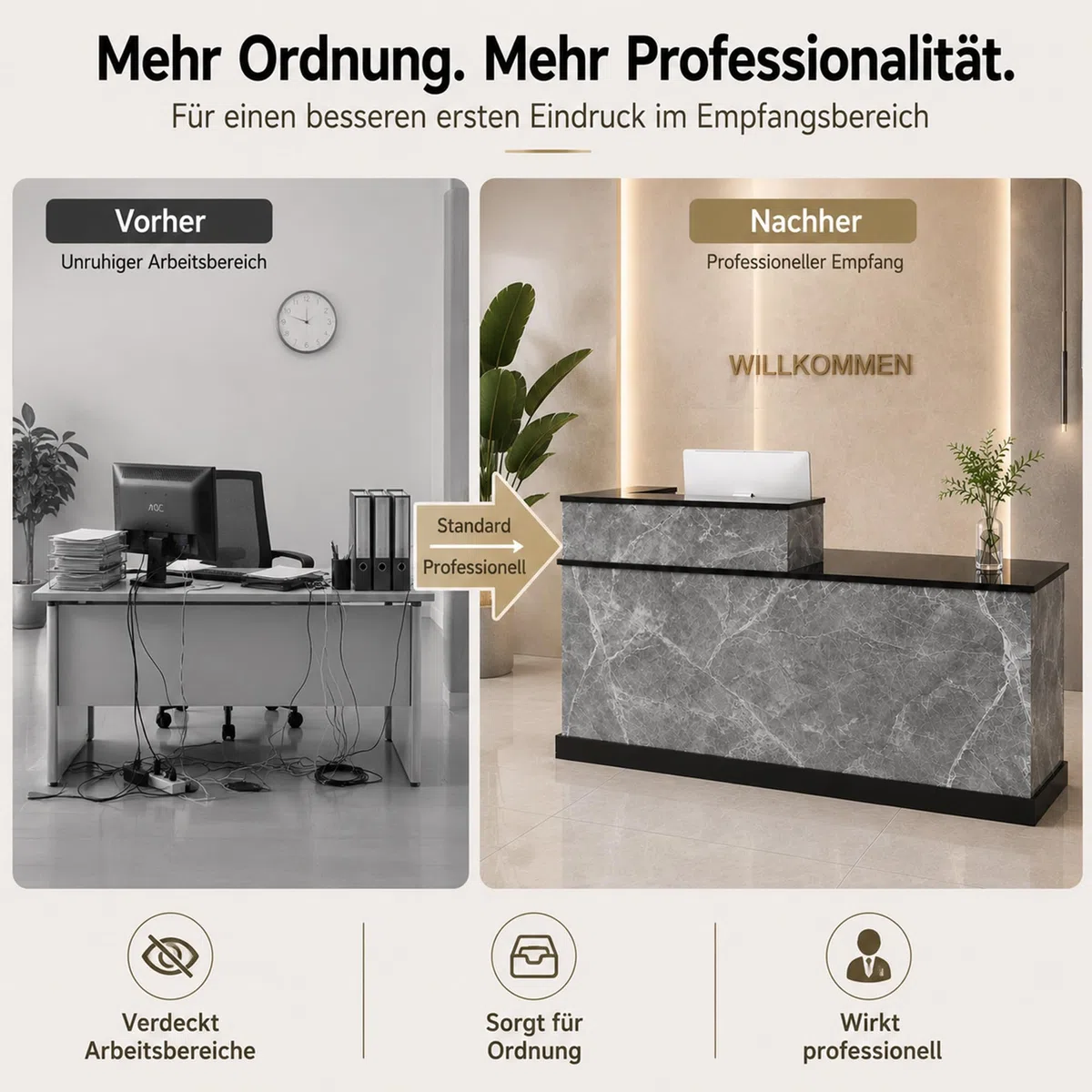 JSLJDM Empfangstheke 160 cm mit Stauraum, Moderne Theke in Marmoroptik, Empfangstresen für Büro, Praxis, Salon und Geschäft Left