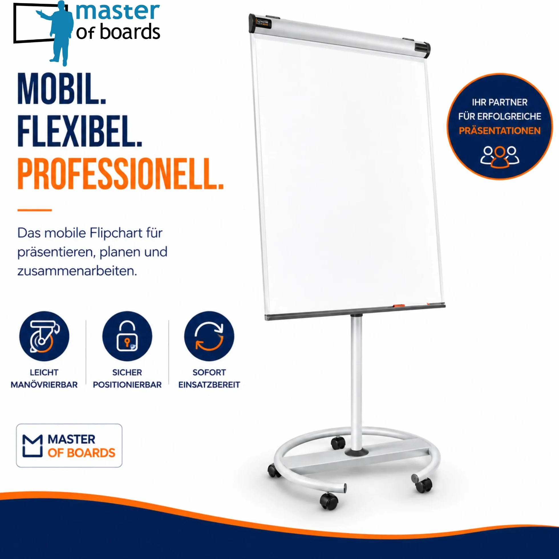 MOB Flipchart Ständer Whiteboard fahrbar mit Rollen Ständer 73x105cm | Höhenverstellbar bis 210cm, Beschreibbar, Trocken abwischbar, magnetisch, Flip Chart mit Magnettafel rollbar & Seitenarmen Shark