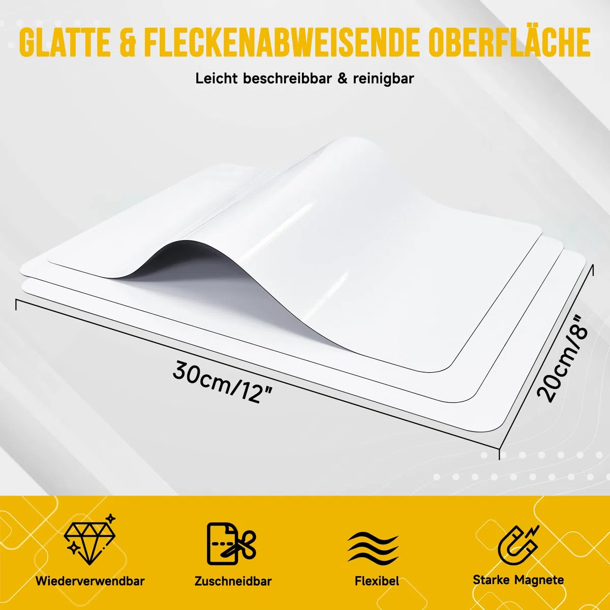 3 Stück Mini Magnetisches Whiteboard für Kühlschrank 30x20cm | Abwischbare A4 Magnetfolie für Küche u. Familie. Zuschneidbarer Wochenplaner. Inkl. 3 magnetische Stifte, 1 Schwamm