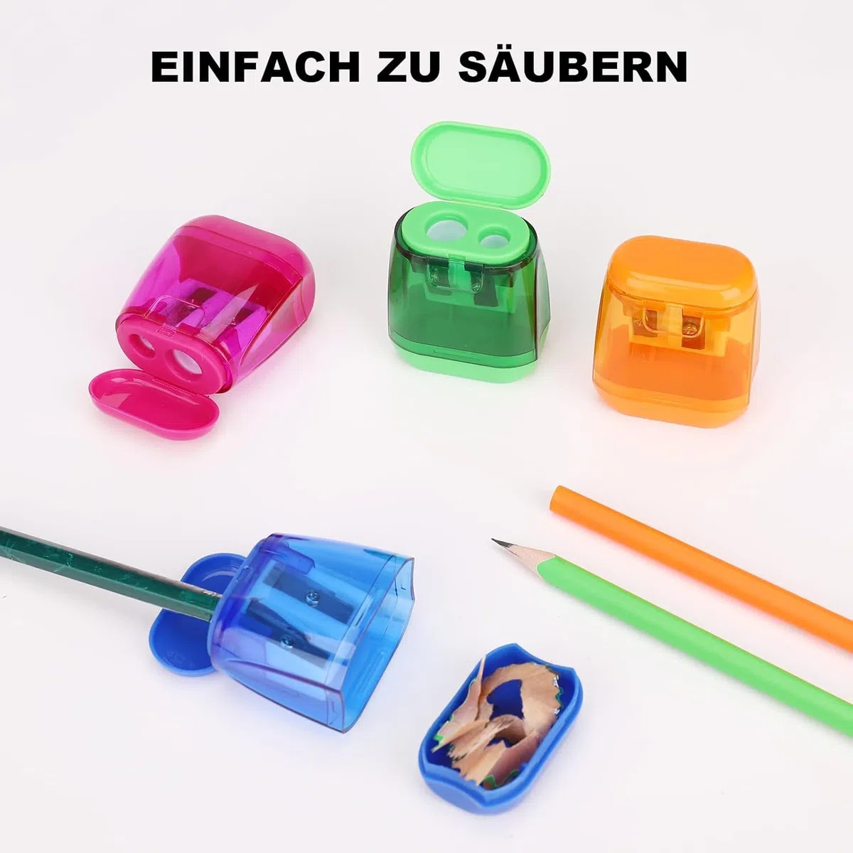 Catelves Anspitzer mit Behälter 4 Stück, Doppelspitzer Bleistiftspitzer mit 2 Löchern, Spitzer für Buntstifte, Farbstifte, Wachsmalstifte, Schule, Büro, Federmäppchen, Bunt, Klein und Tragbar