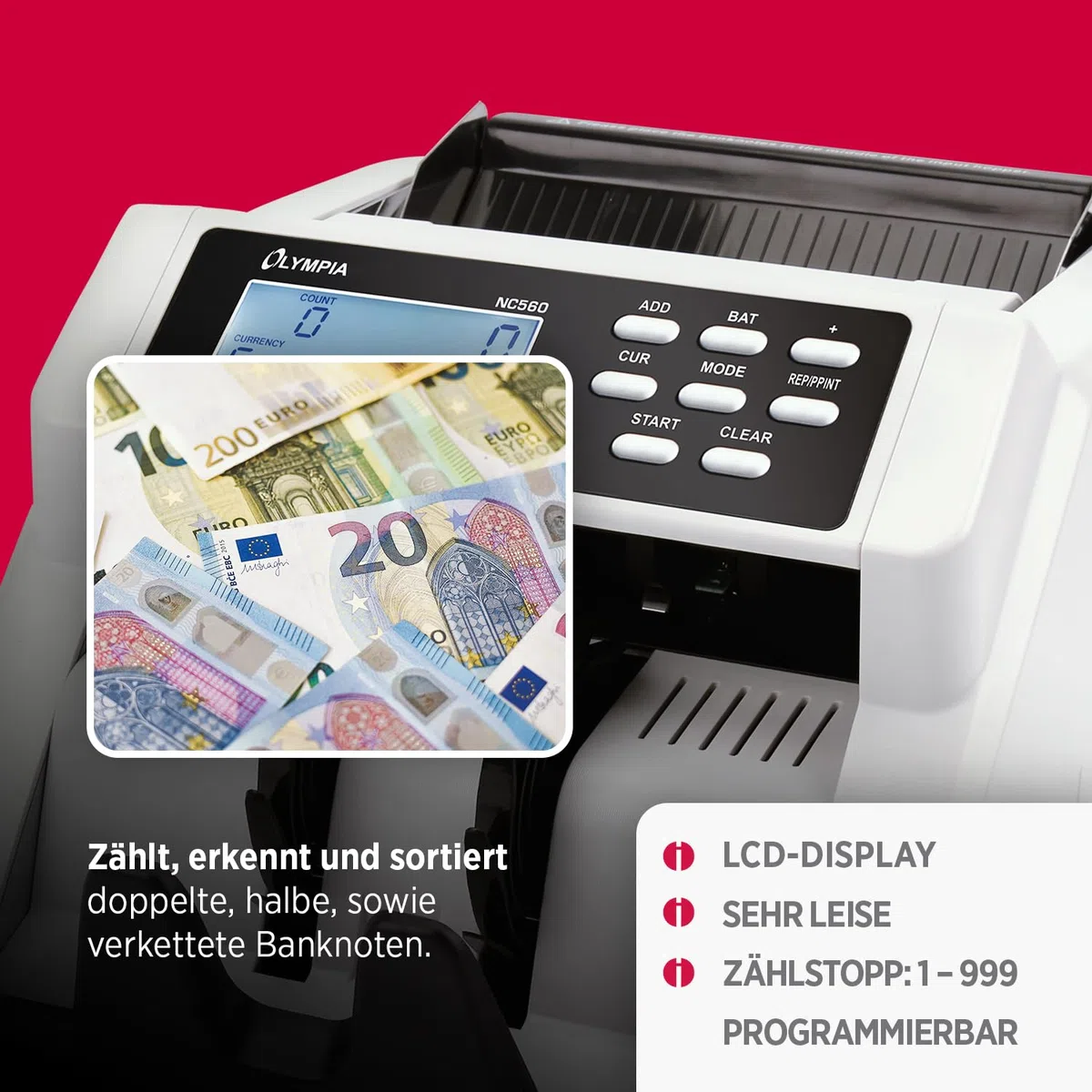 Olympia NC 560 Geldzählmaschine für Scheine | Gemischtwertzähler für unsortierte Banknoten | Banknotenzähler mit Falschgeld Prüfer | LCD Display | Geldscheinprüfgerät | 1000 Noten/Min | Geldzähler