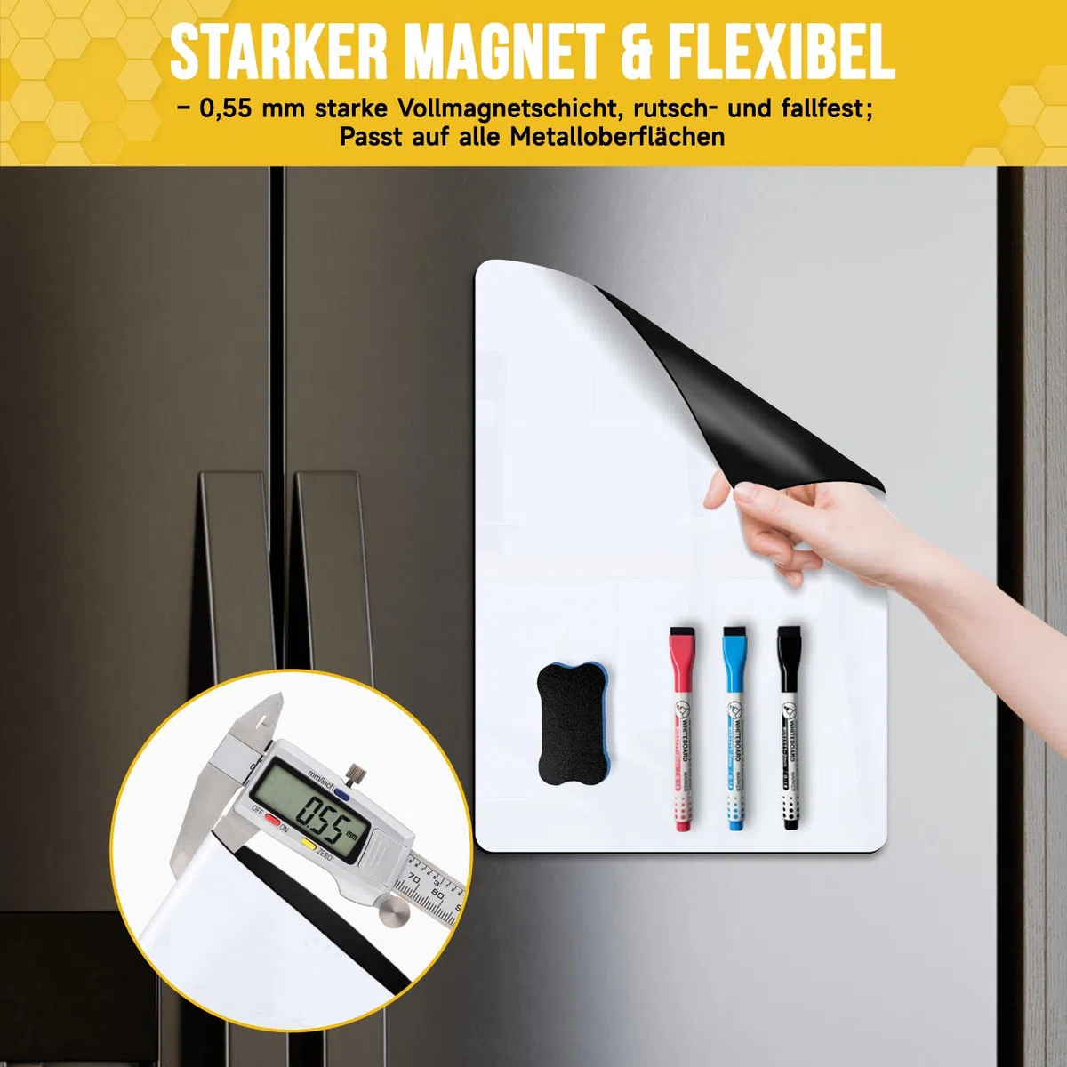 3 Stück Mini Magnetisches Whiteboard für Kühlschrank 30x20cm | Abwischbare A4 Magnetfolie für Küche u. Familie. Zuschneidbarer Wochenplaner. Inkl. 3 magnetische Stifte, 1 Schwamm
