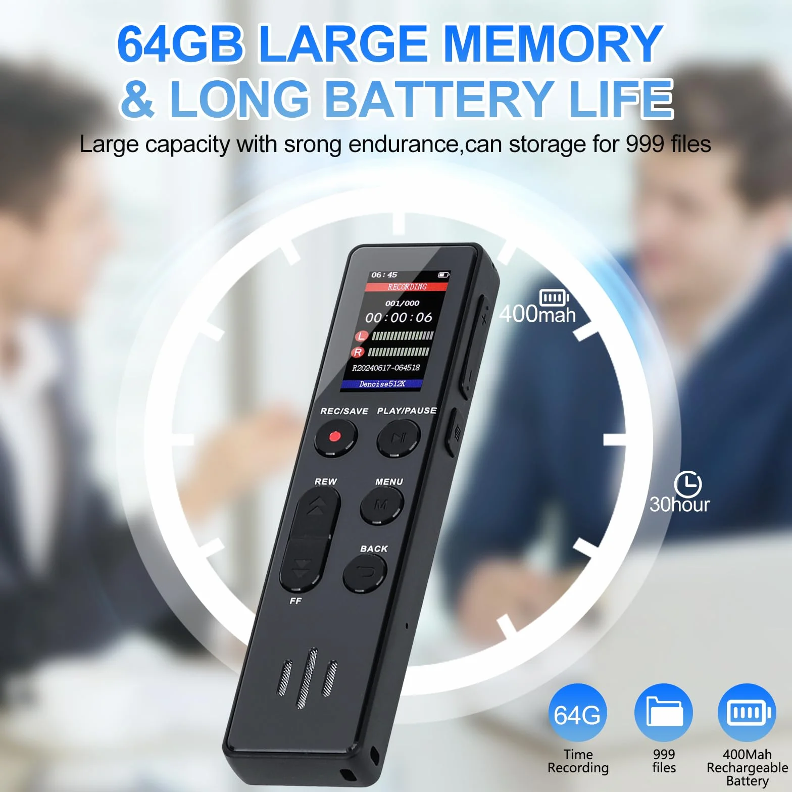 64 GB digitales Diktiergerät, COVVY Sprachaktivierter Rekorder, tragbarer Sound-Recorder mit Wiedergabe, Mini-HD-Aufnahmegeräte für Interview/Klasse/Meeting