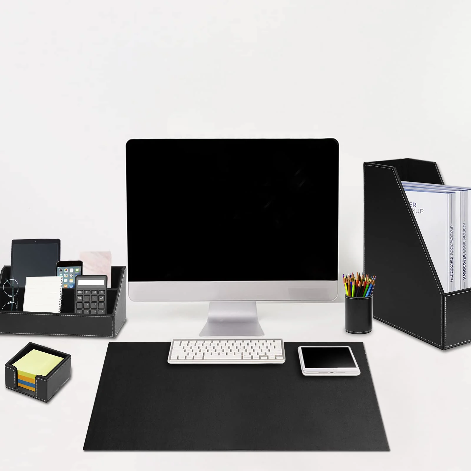 Büro Schreibtisch-Organizer,Luxus Leder Geschenk 6-teilig,inkl Schreibtischunterlage,A4 Leder Briefablage,Stiftebecher,Zeitschriftenhalter,Postfach,Nachrichtenfach,Schwarz
