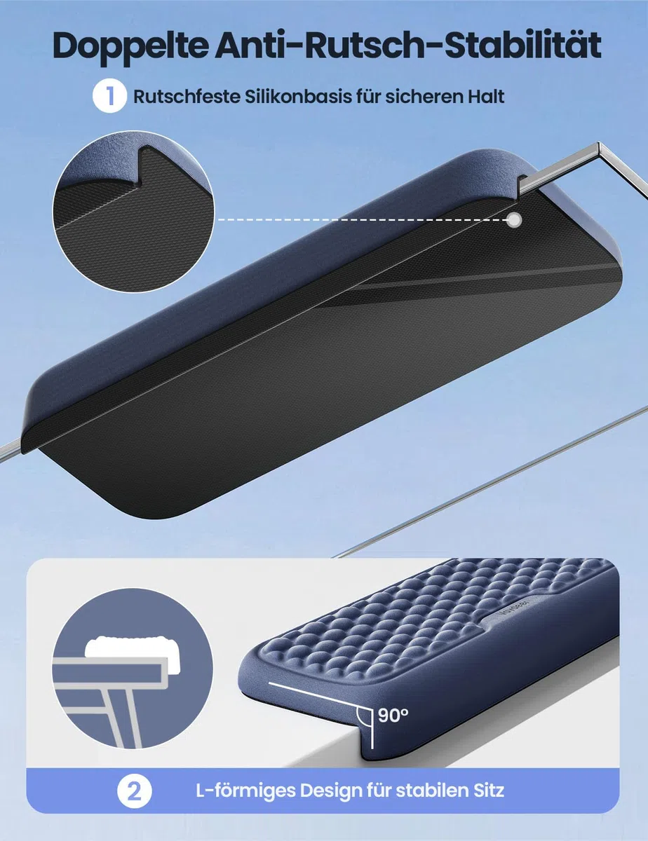 VAYDEER L-förmige Armauflage für Schreibtischkante, 2er Set Ergonomische Ellbogen- & Handgelenkauflage aus Memory-Schaum, Rutschfeste Unterarmstütze für Büro, Homeoffice & Gaming – Blau