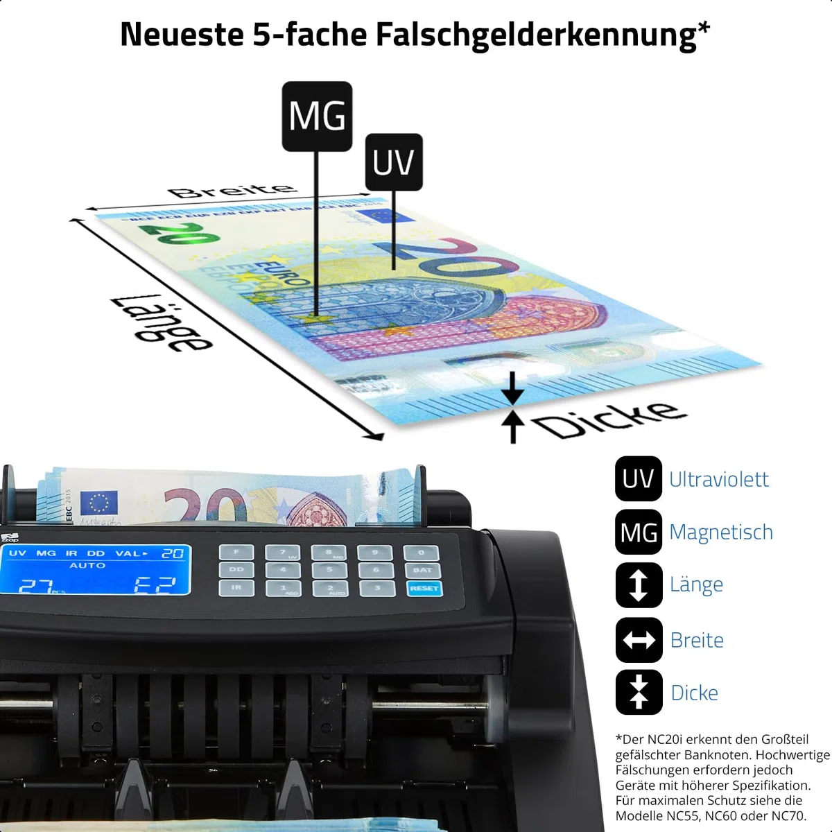 ZZap NC20i Banknotenzähler & Falschgeld-Detektor - Geldzählmaschine Geldzähler Banknotenzählmaschine