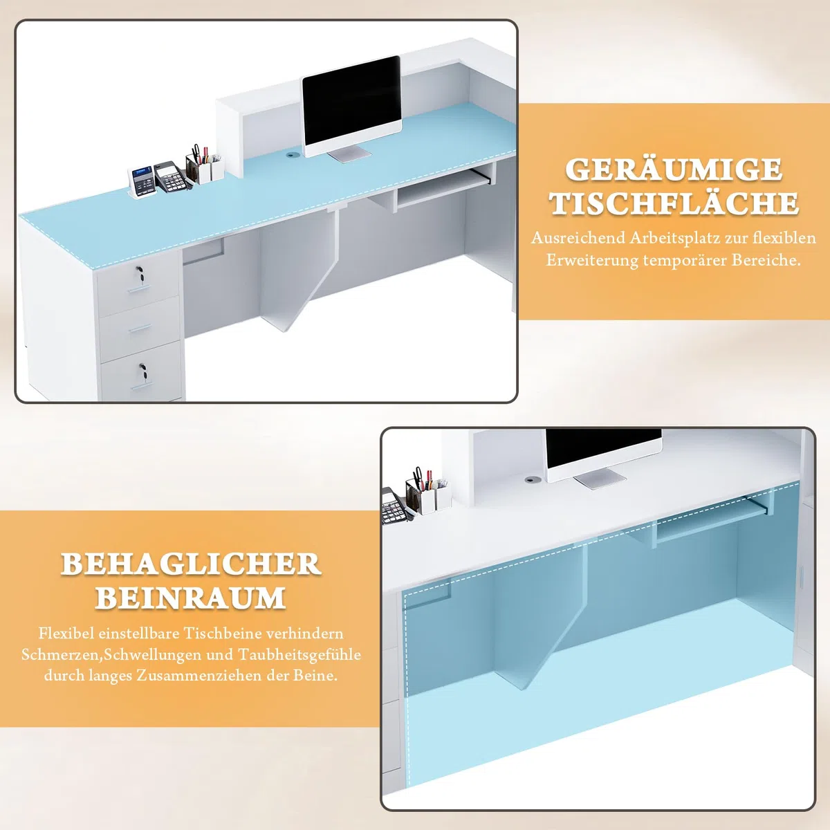 L-förmig Empfangstheke, 180CM x 107CM x 105CM Empfangstresen mit Ablagefächern & Schublade, Reception Desk für Büro, geeignet für Salons, Lobbys (Weiß, Linker Schrank)