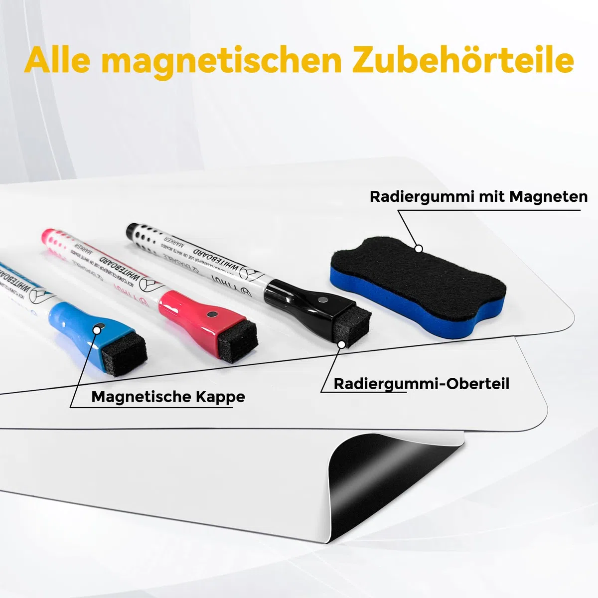 3 Stück Mini Magnetisches Whiteboard für Kühlschrank 30x20cm | Abwischbare A4 Magnetfolie für Küche u. Familie. Zuschneidbarer Wochenplaner. Inkl. 3 magnetische Stifte, 1 Schwamm