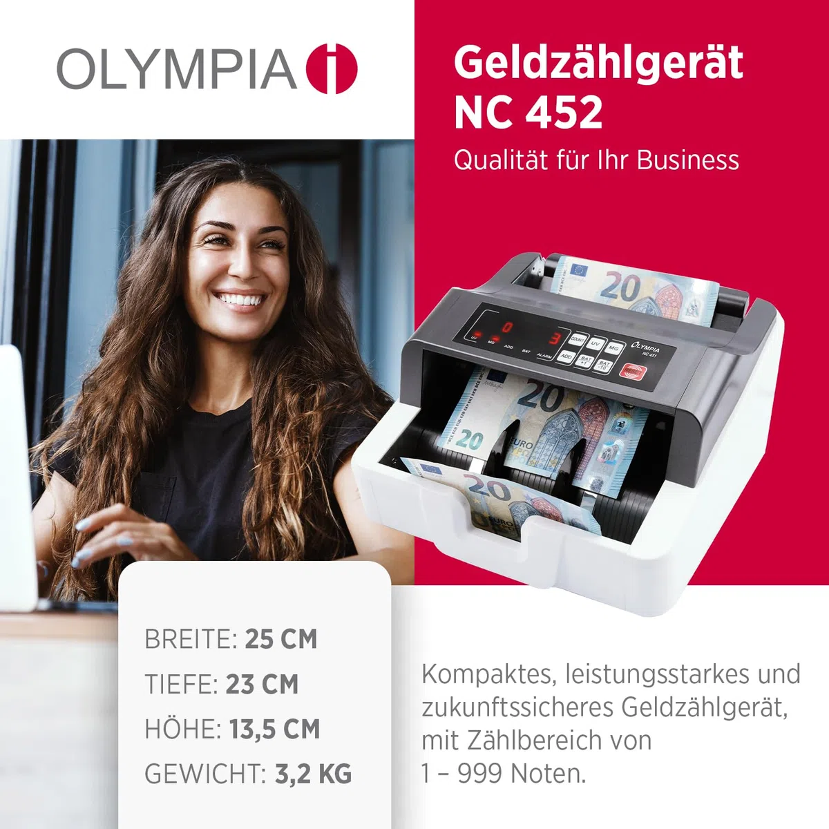 Olympia NC 452 Akku Geldzählmaschine & Geldscheinprüfer | Falschgeld Prüfer | Geldzählmaschine Scheine | Banknotenzähler mit UV MG Sensoren | LCD Display | Zählmaschine für Geldscheine & Banknoten