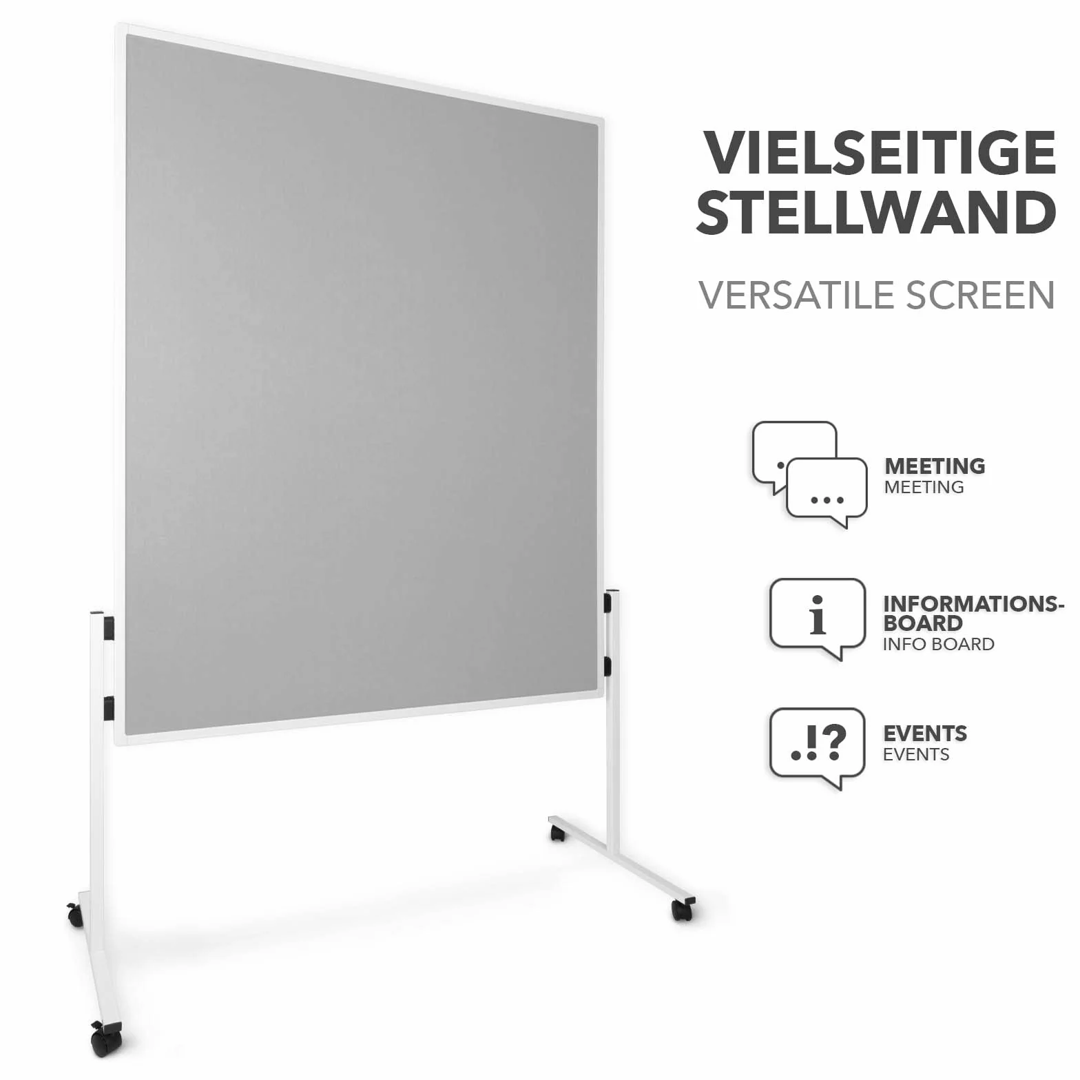 Master of Boards Moderationstafel Filz - Pinntafel für Projektarbeit und Meetings doppelseitig benutzbar - Mobiles Pinnboard mit Rollen - Höhe: 185 cm ausziehbar bis 200cm Breite 120cm - Farbe Grau