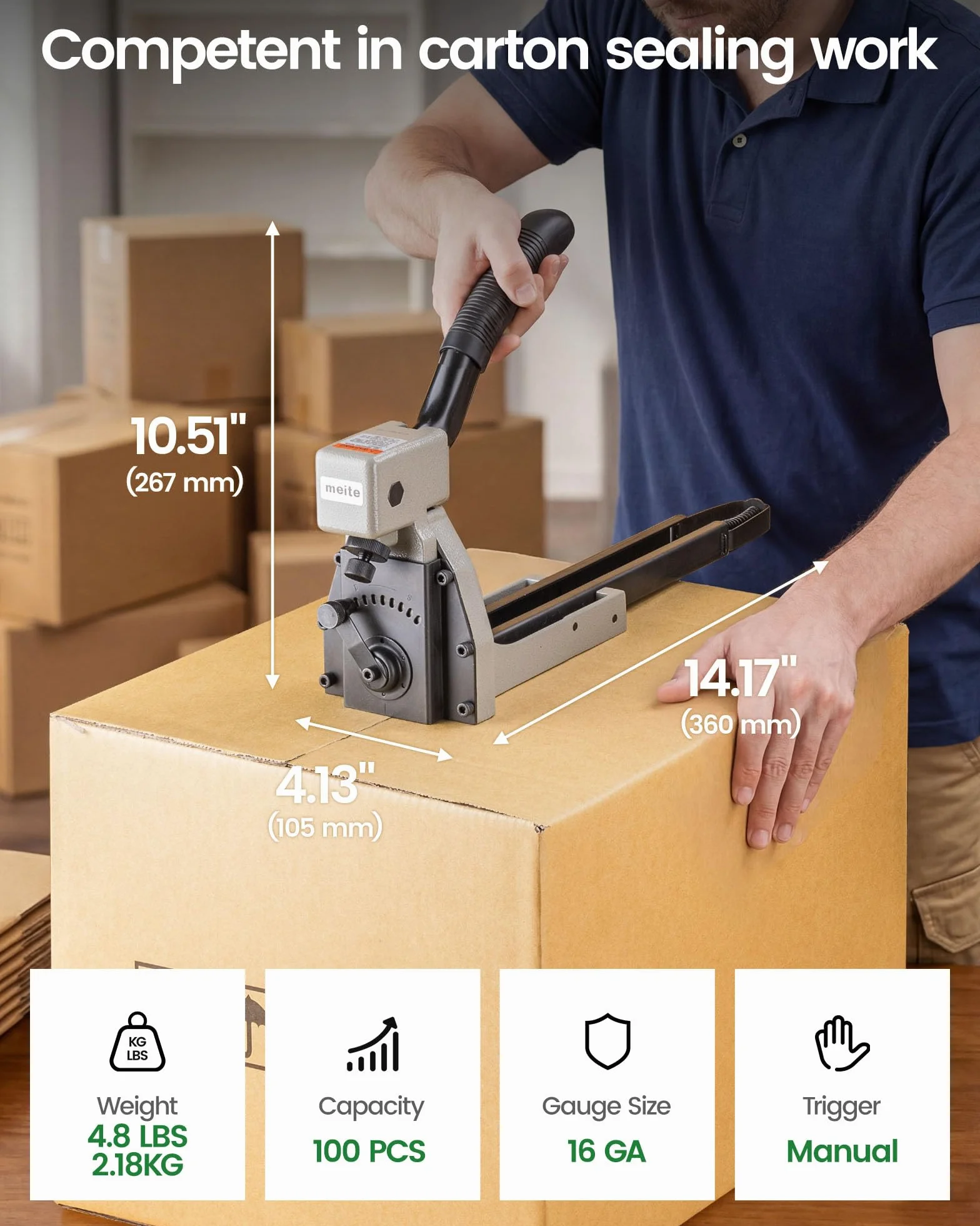 meite HB3515 Manueller Kartonhefter 16Ga mit 2.000 Klammern | 34,7 mm Rückenbreite, 15 mm Schenkellänge, Karton Verschlusshefter für Kartonverschluss und Wellpappkartons
