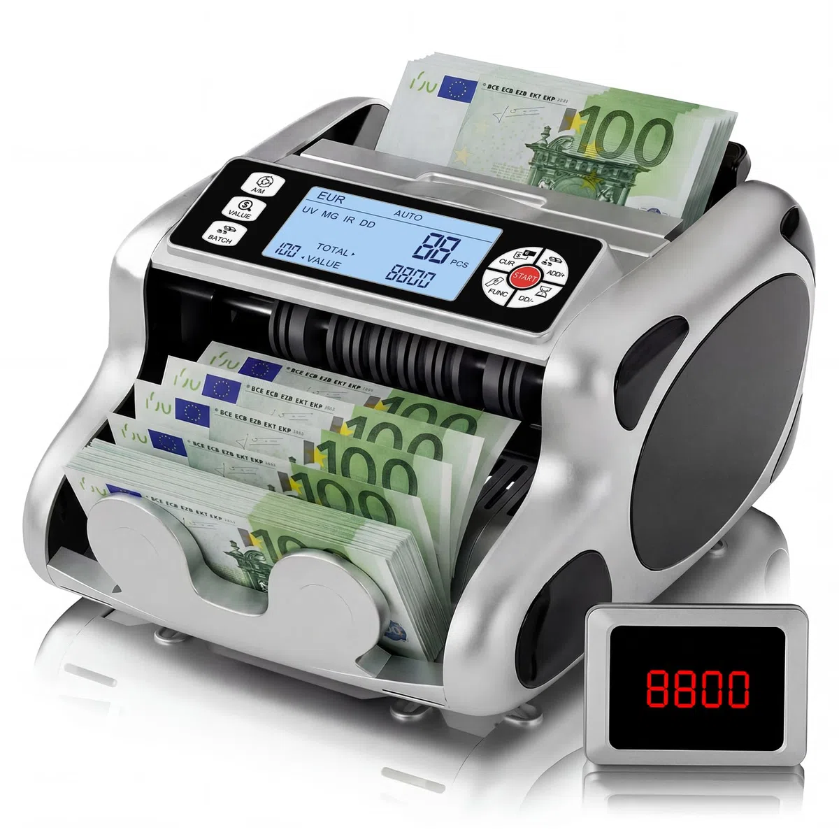 Aneken K08 Geldzählmaschine mit 3,8" Großem LCD & Value Display, 6-fach UV/MG/IR/DD/VI/FA Falschgelderkennung, Addieren/Batch-Modus, 1200 Scheine/Min., einfache Bedienung, für EUR/USD