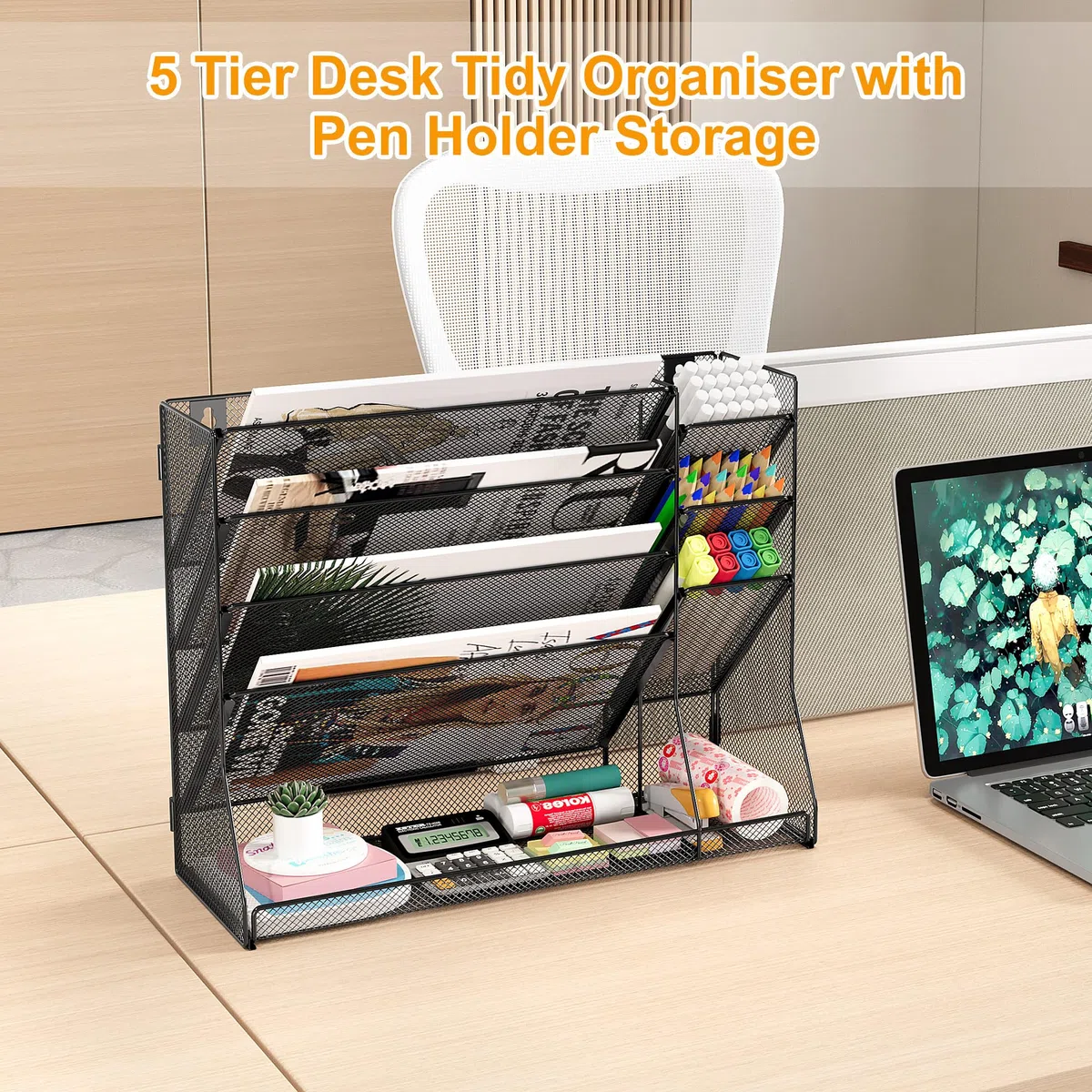 TQVAI 5 Fächer Metall Zeitschriftenhalter Wand Dokumenten Organizer mit 3 Stiftehalter A4 Papier Flyerhalter Postsortierer Dokumentenablage für Büro Zuhause Schule, Schwarz