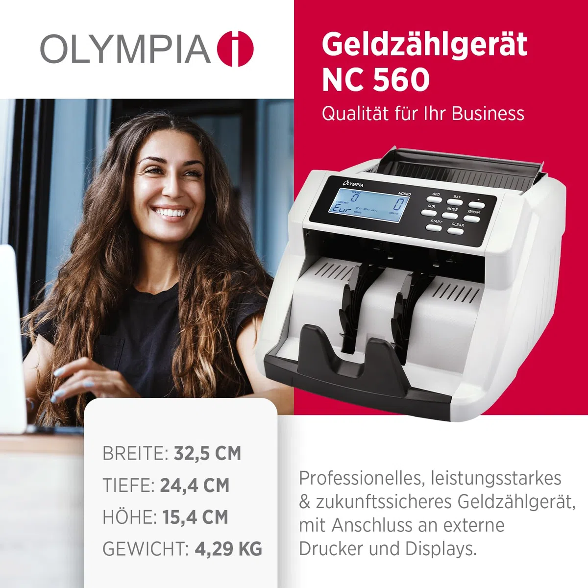 Olympia NC 560 Geldzählmaschine für Scheine | Gemischtwertzähler für unsortierte Banknoten | Banknotenzähler mit Falschgeld Prüfer | LCD Display | Geldscheinprüfgerät | 1000 Noten/Min | Geldzähler