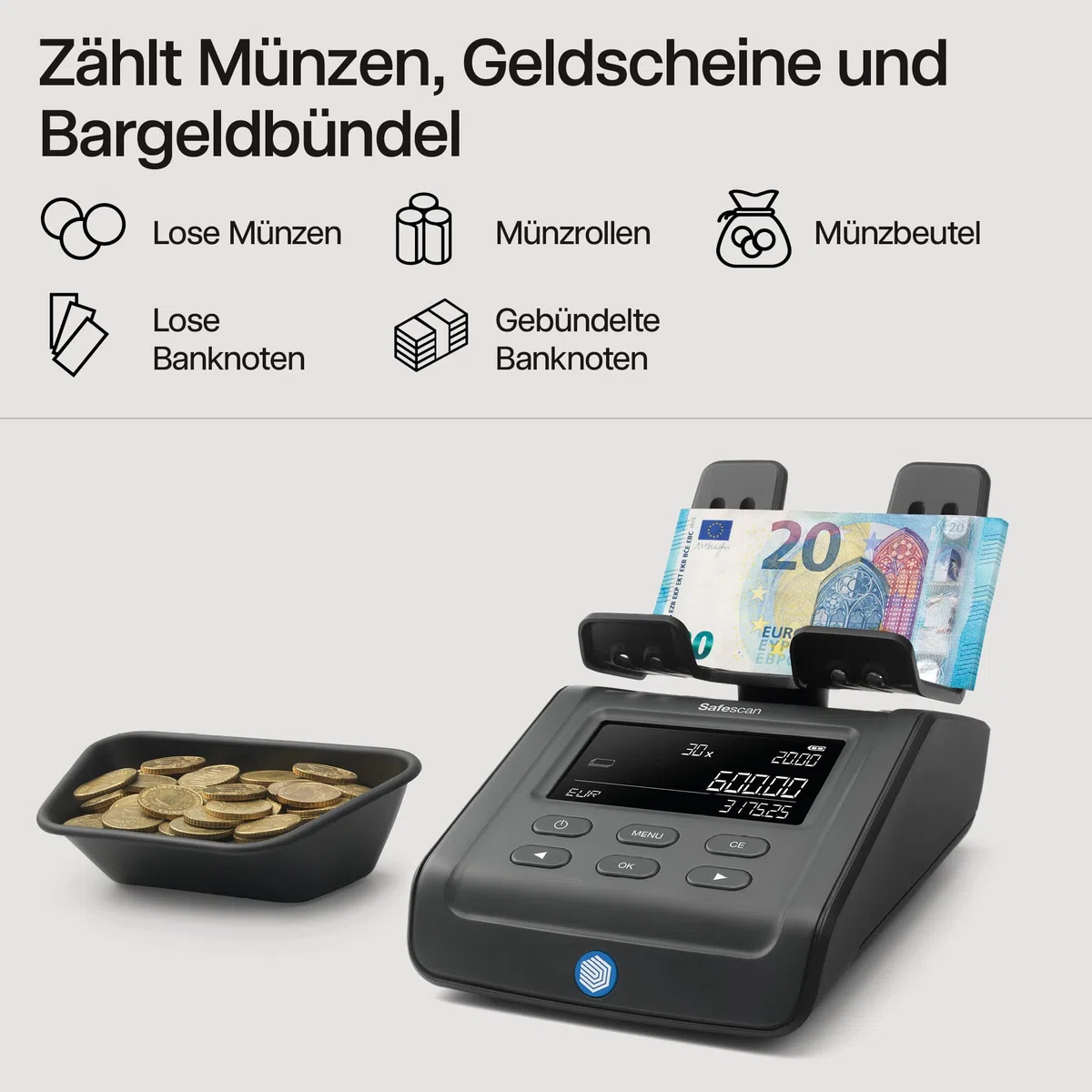 Safescan 6165 Geldzählmaschine, Wertzählung für Münzen und Banknoten - Münzzähler mit automatischer Münzrollenerkennung - Geldwaage für schnelles und einfaches Zählen von Kassenladen
