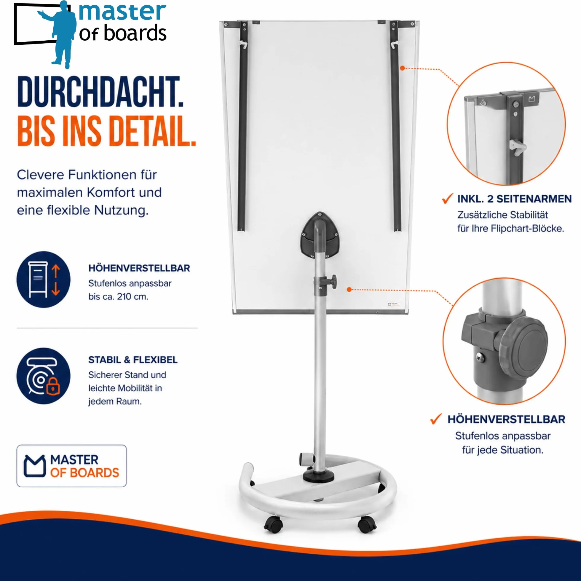 MOB Flipchart Ständer Whiteboard fahrbar mit Rollen Ständer 73x105cm | Höhenverstellbar bis 210cm, Beschreibbar, Trocken abwischbar, magnetisch, Flip Chart mit Magnettafel rollbar & Seitenarmen Shark