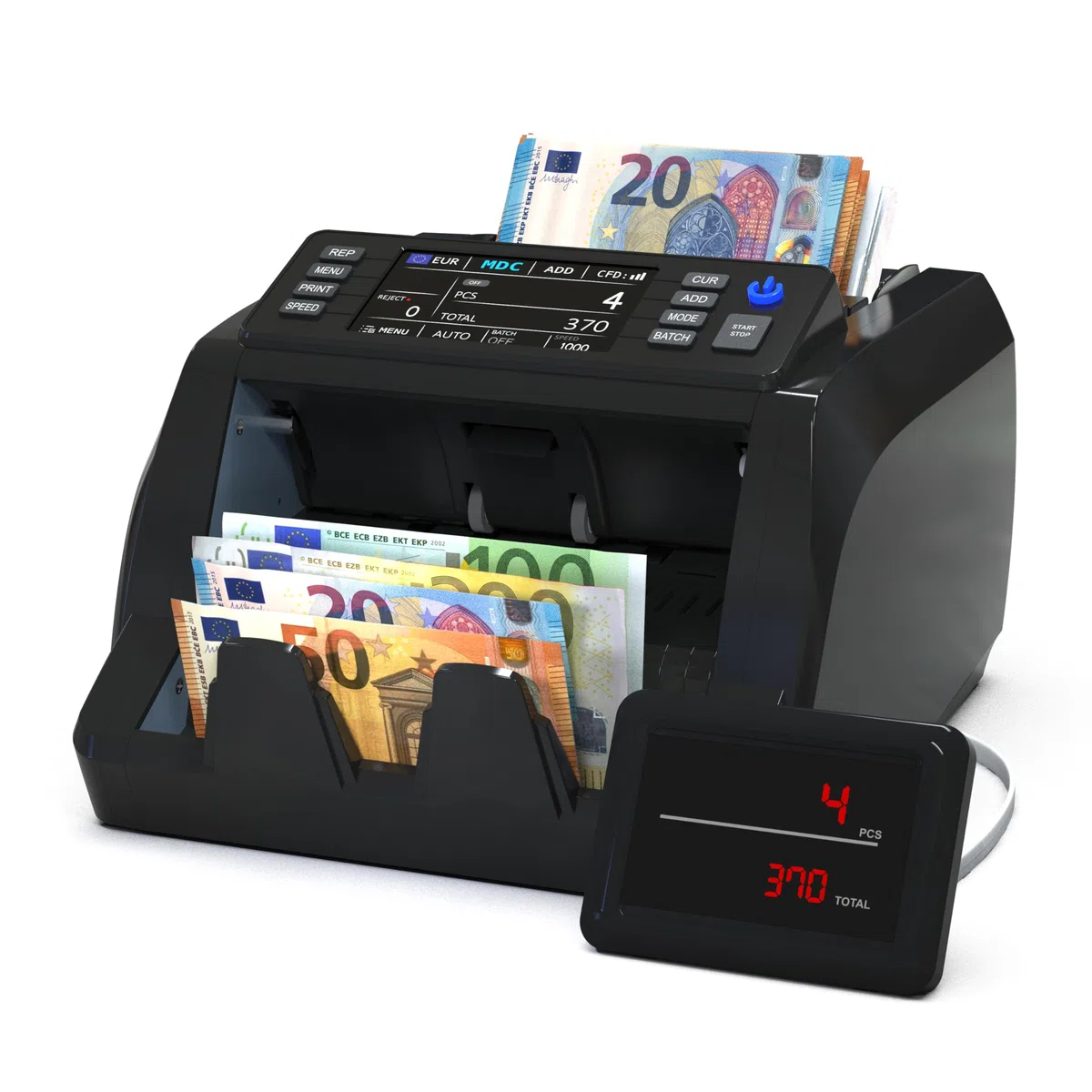 Detectalia V20 Banknotenzähler mit UV/MG/IR/MT/CIS Erkennung, 4,5” Touchscreen + Externes Display, Seriennummern-Lesung, Multiwährungs-Mischzählung (EUR/GBP/CHF/USD/SEK/PLN/TRY/DKK), 1200 Scheine/Min