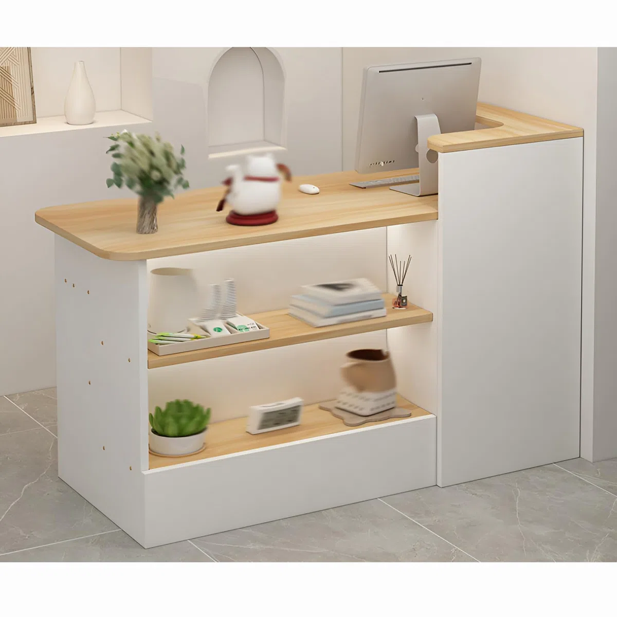 Empfangstresen, Rezeptionstheken, Moderne, minimalistische Empfangstheke an der Vorderseite, Empfangstheke mit offenen Regalen, optionale erhöhte Regale links u(Size:140x100x45cm,Color:Walnuss/rechts)