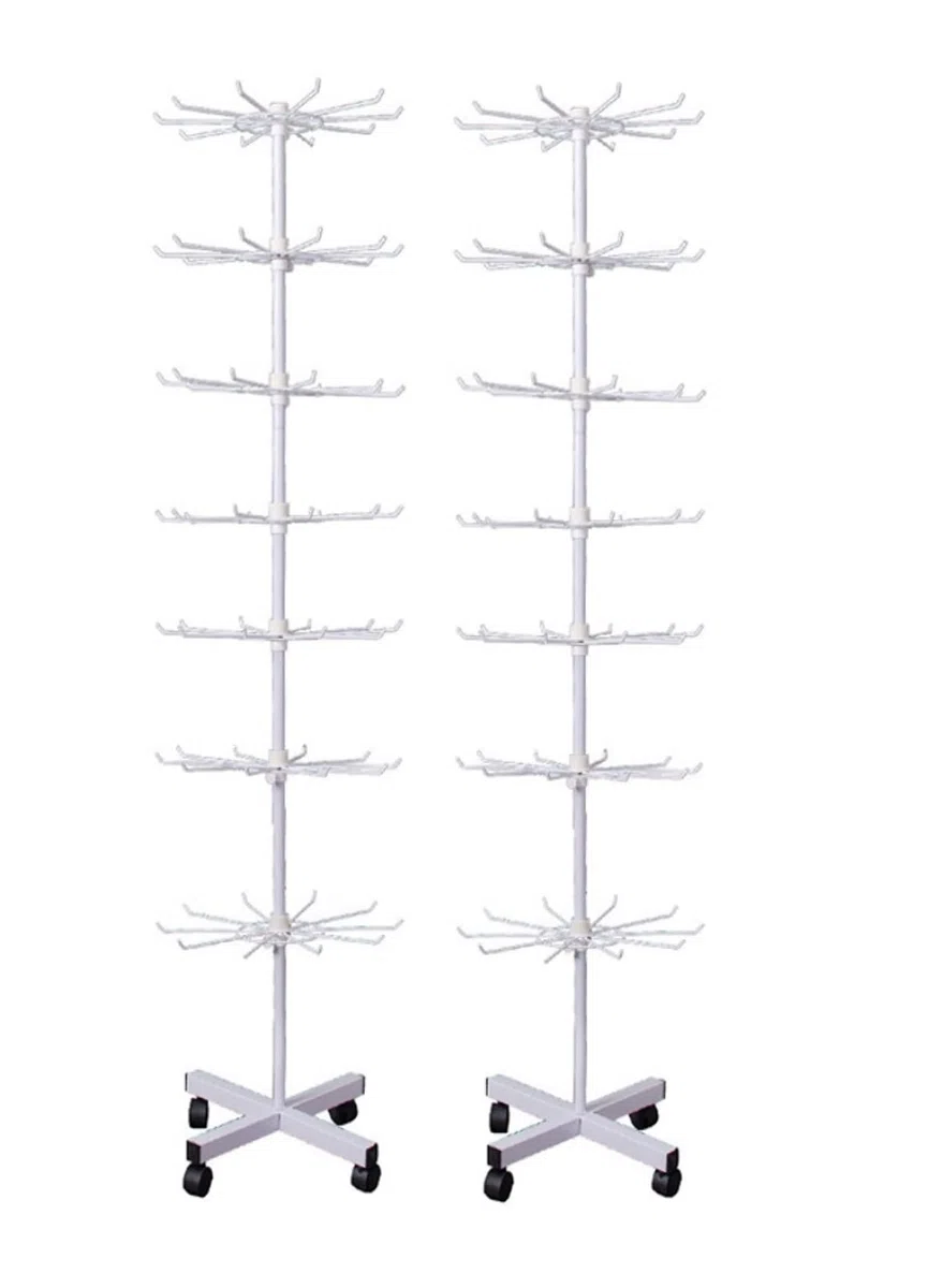 2er Set - Verkaufsständer drehbar Höhe 155cm | rollbares Warenständer 7 Etagen | Drehständer mit 70x Haken aus Metall | Ständer Ladenausstattung Theke | Ladeneinrichtung Kleinartikelständer in [weiß]