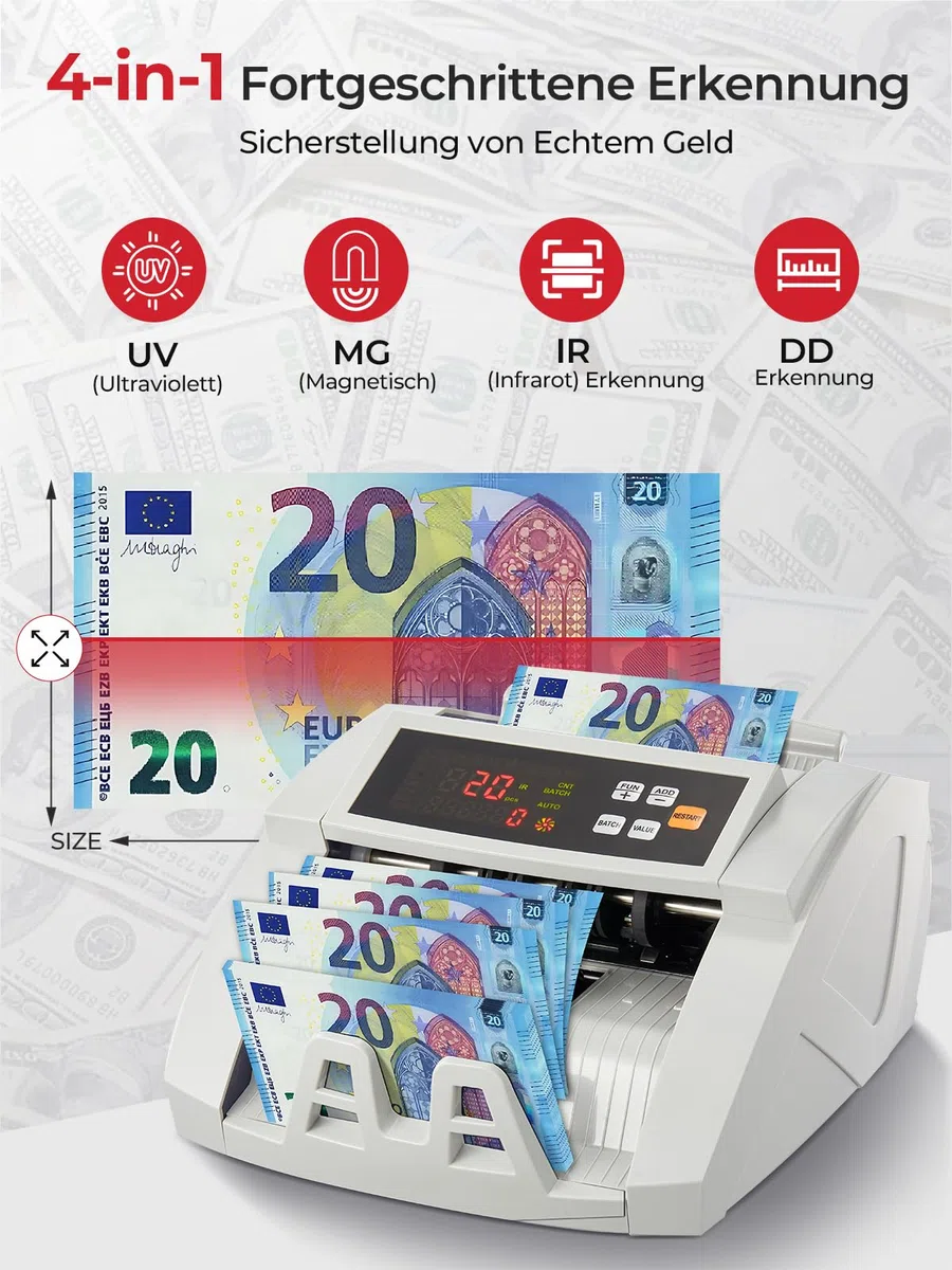 FOHERE Geldzählmaschine, Professioneller Geldzähler mit UV/MG/IR/DD Fälschungserkennung, 1100 Banknoten/Minute, LCD-Display, Wert- und Batch-Modus für Geschäfte, Banken und Restaurants