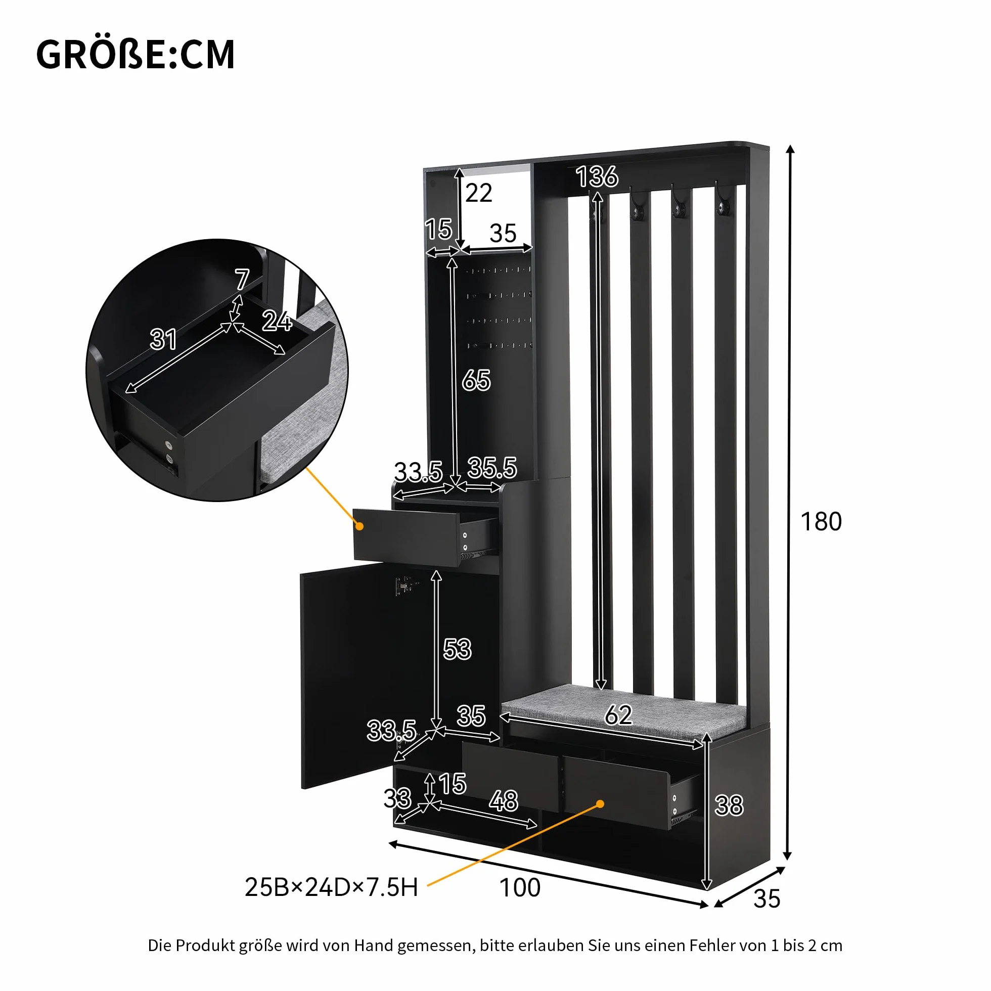 Multifunktionaler Flur-Schuhschrank mit Stecktafel,Flurgarderobe mit gepolsterter Aufbewahrungsbank,Moderne Garderobe mit 4 Haken für Eingangsbereich, Waschküche,H180/B100/T35 cm (Schwarz)