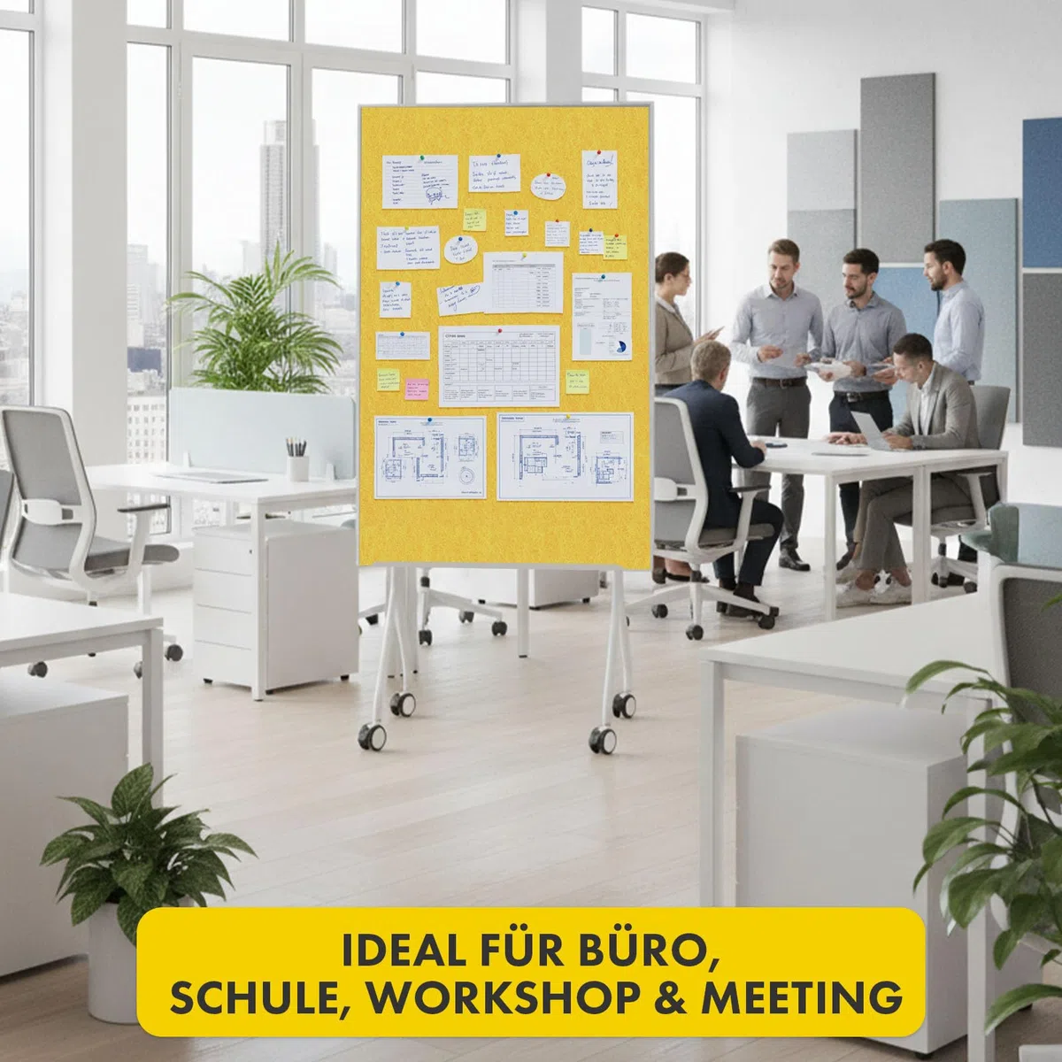 OfficeMarshal Moderationwand Doppelseitig 80 x 120 cm Präsentationstafel mit feststellbaren Rollen - Filztafel Pinnwand - Stabiler Metallrahmen - Giant (Gelb)