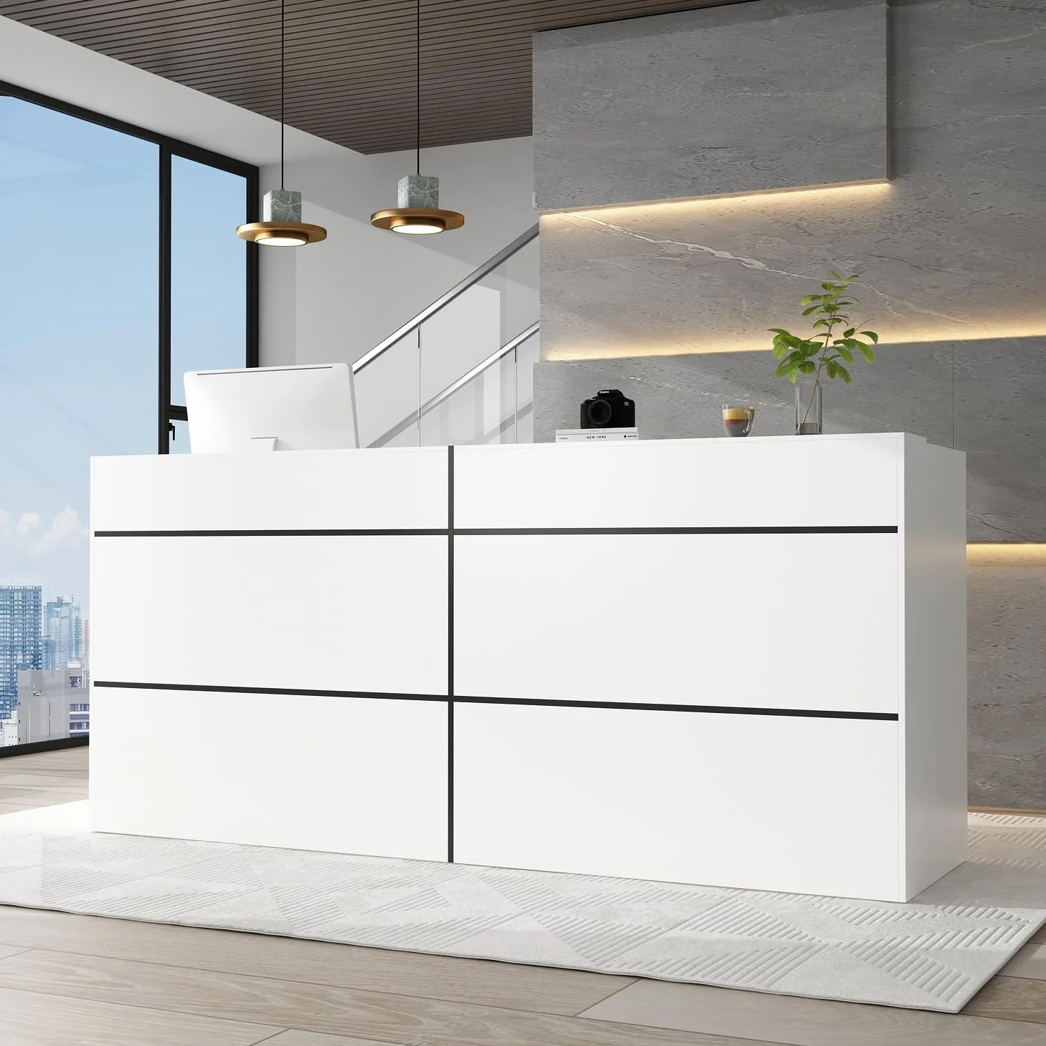 große Empfangstheke mit großer Arbeitsfläche, Empfangstresen, Rezeption, Rezeptionstheken, Laden-Theke, Verkaufstheke, Rezeptionsmöbe, weiß, MDF, 220 cm X 110 cm X 60 cm
