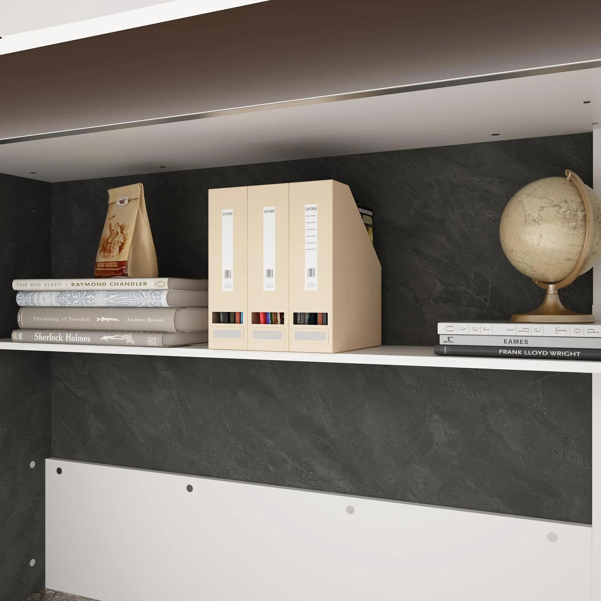 Empfangstheke, Großraum-Empfangstresen, Rezeption mit 6 Ablageflächen, Rezeptionstheken, Ladentheke, Verkaufstheke mit Tastaturschublade, Rezeptionsmöbe, MDF, 220x60x110cm, weiß + Steinfarben