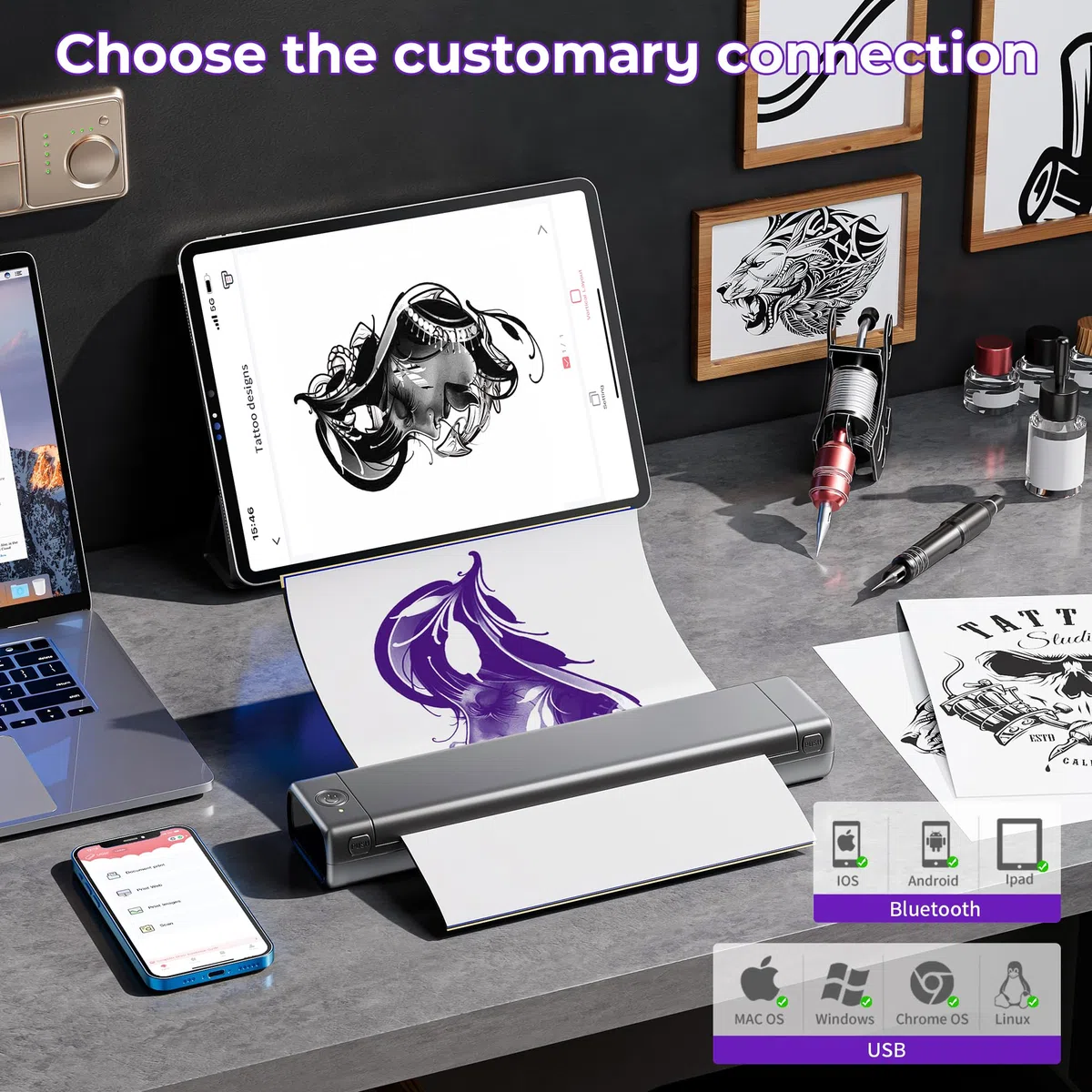 Tattoo Drucker Stencil Drucker mit 10 Blatt Stencil Papier für Tattoo Maschine Set, Thermodrucker Tattoo Kompatibel mit IPad & Telefon & PC für Tattoo Künstler und Anfänger DIY Tattoo, Silber