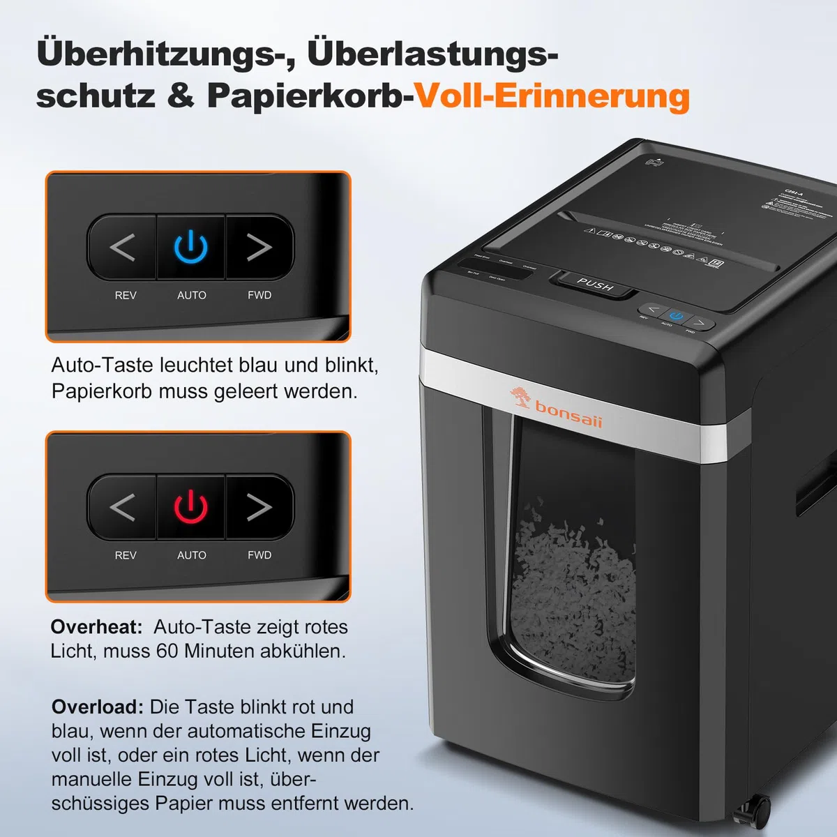 Bonsaii Aktenvernichter mit 300 Blatt Auto-Feed, P-4 Mikroschnitt Schredder | mit 60 Min. Dauerbetrieb und 31L Abfallbehälter für Büro und Homeoffice, C291-A
