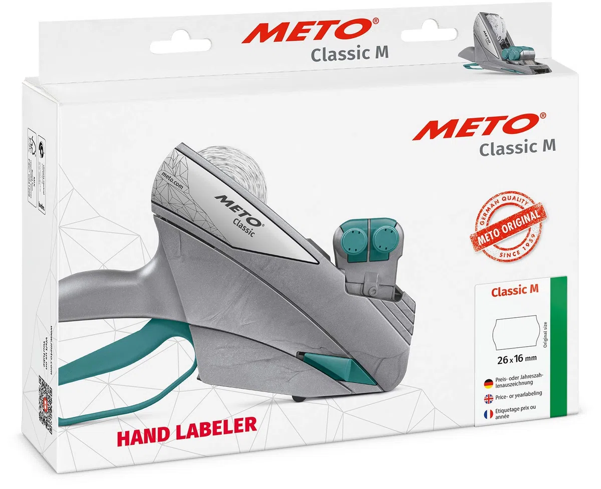 Meto Classic M Preisauszeichner Set – Preis, Rabatt (2-zeilig, 20-stellig, 26x16 mm Etiketten, sofort einsatzbereit), 26 x 16 Etiketten