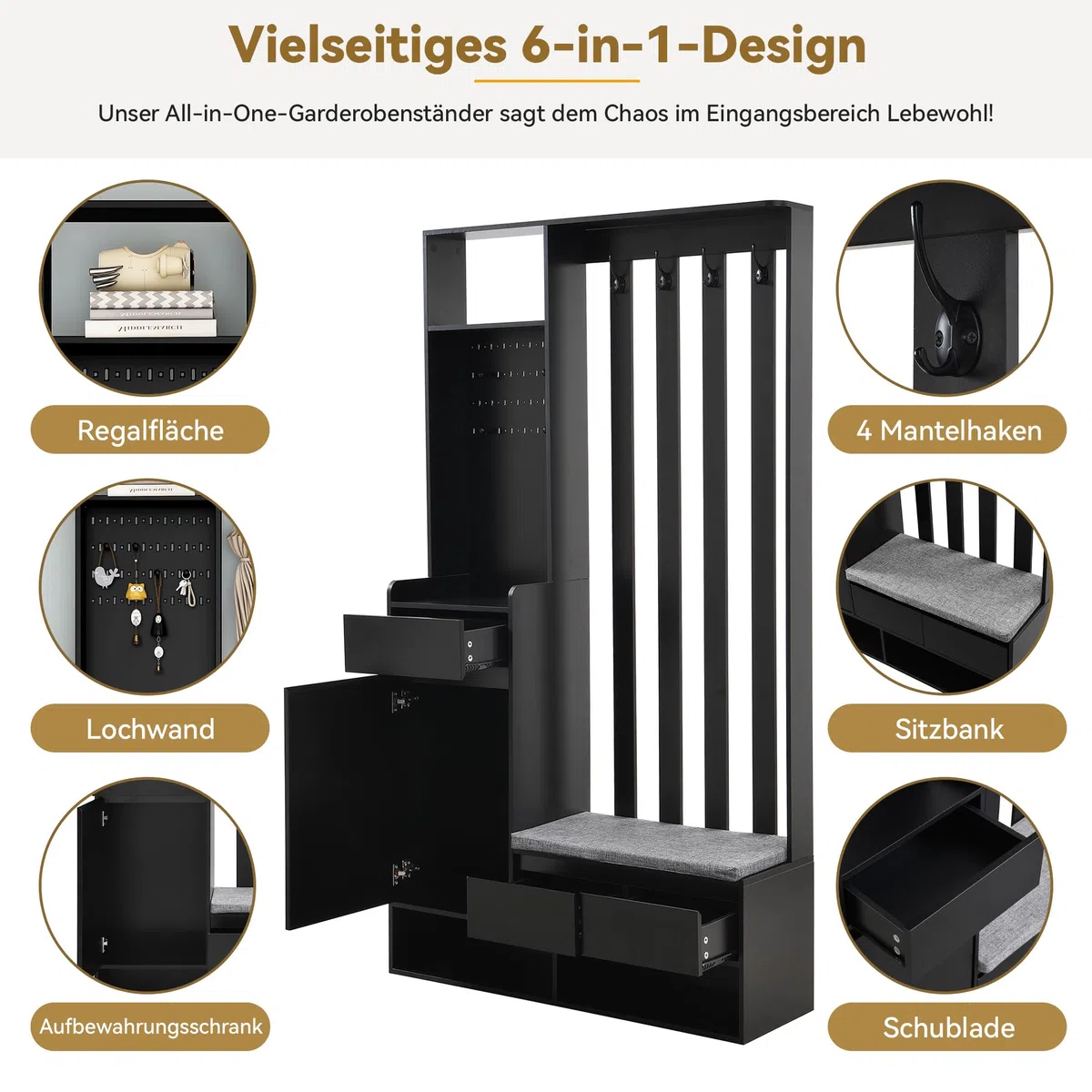 Multifunktionaler Flur-Schuhschrank mit Stecktafel,Flurgarderobe mit gepolsterter Aufbewahrungsbank,Moderne Garderobe mit 4 Haken für Eingangsbereich, Waschküche,H180/B100/T35 cm (Schwarz)