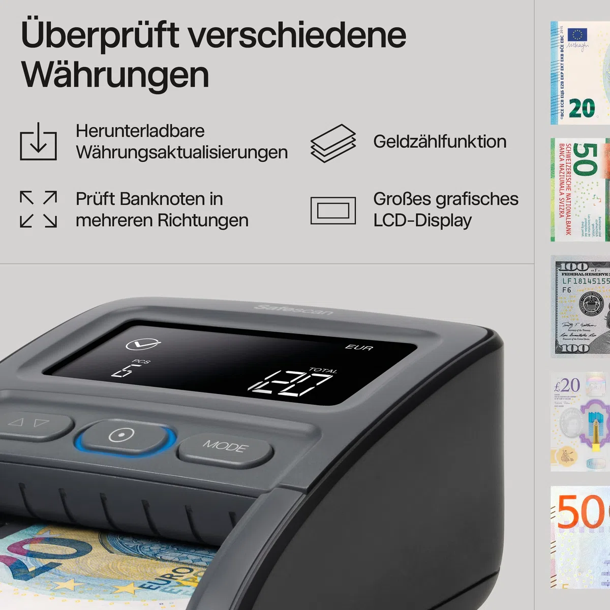 Safescan 155-S & RS-100 automatischer Geldscheinprüfer zur schnellen Überprüfung von Geldscheinen - Falschgeldprüfgerät mit 7-facher Echtheitsprüfung - 100% genaues Prüfgerät inkl. Banknotenstapler