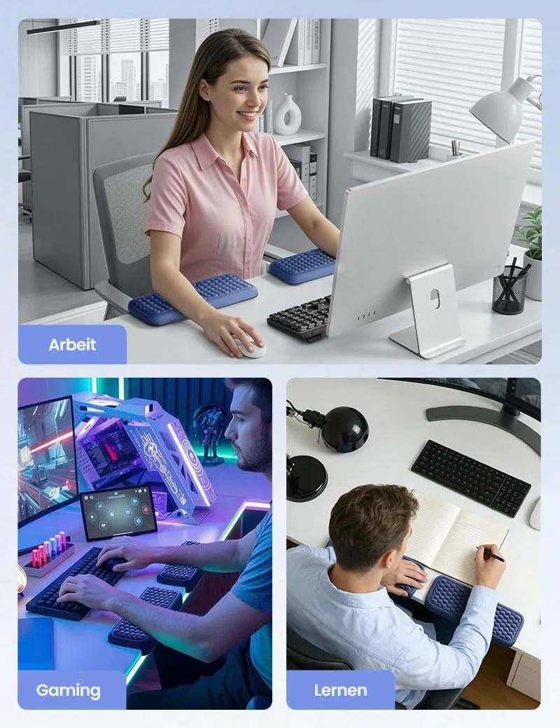 VAYDEER L-förmige Armauflage für Schreibtischkante, 2er Set Ergonomische Ellbogen- & Handgelenkauflage aus Memory-Schaum, Rutschfeste Unterarmstütze für Büro, Homeoffice & Gaming – Blau
