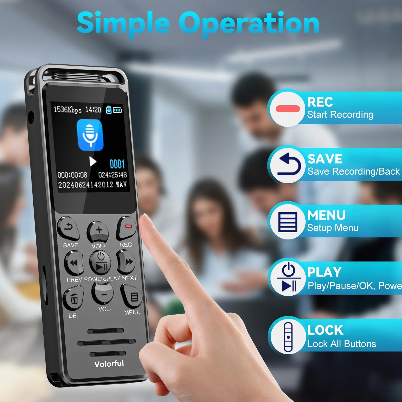 80GB Diktiergerät Digital 70 Std Aufnahmegerät, Volorful 1,44" Farbbildschirm Voice Audio Recorder, MP3 Player, USB-C Diktiergeräte mit Spracherkennung/Wiedergabe für Meeting Interview Vortrag