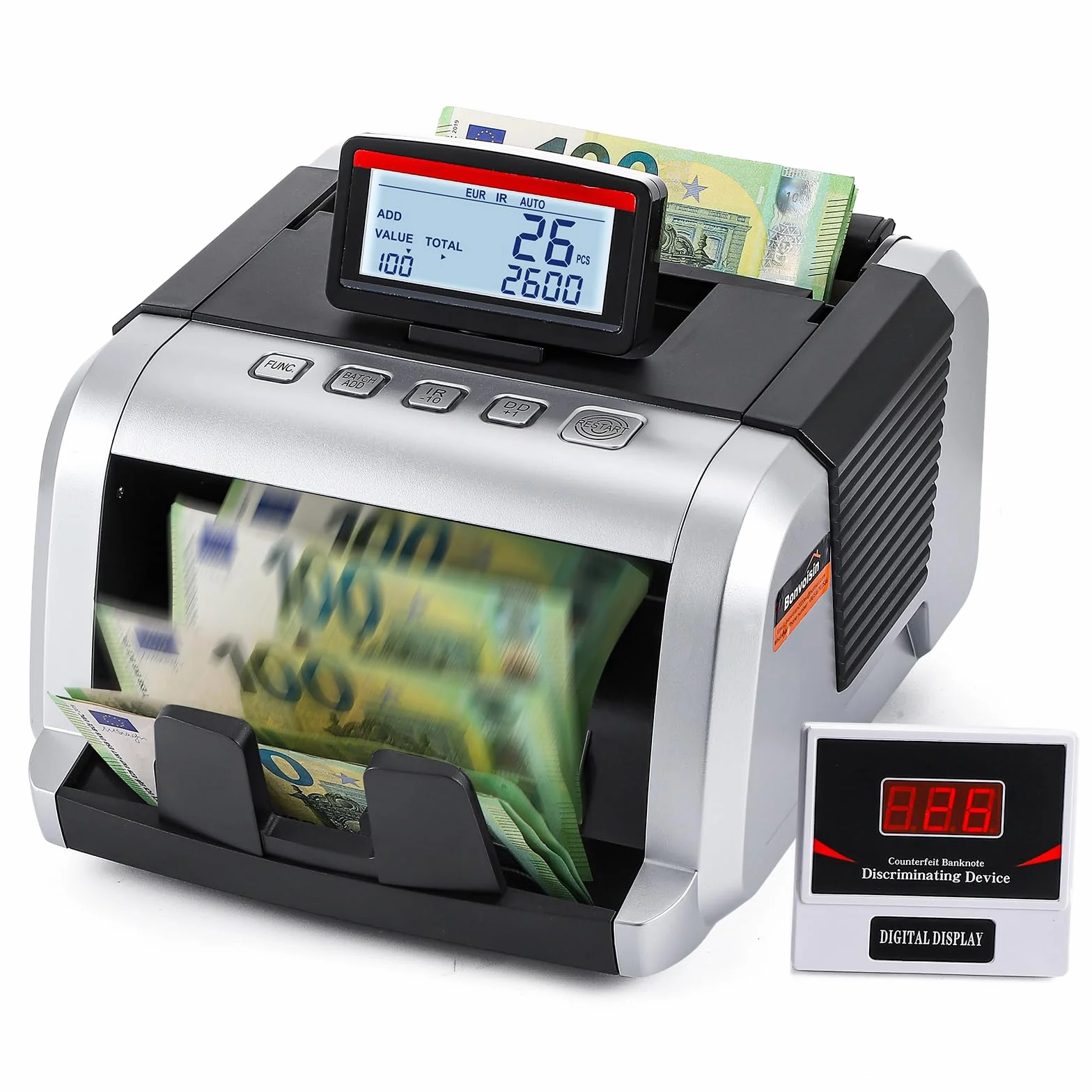 Bonvoisin Geldzählmaschine Scheine, Wertzählung für Sortierte Banknoten mit UV/MG/IR Falschgelderkennung, 1000 Stück/Min, Banknotenzähler mit Klapp- und Drehbarem Display