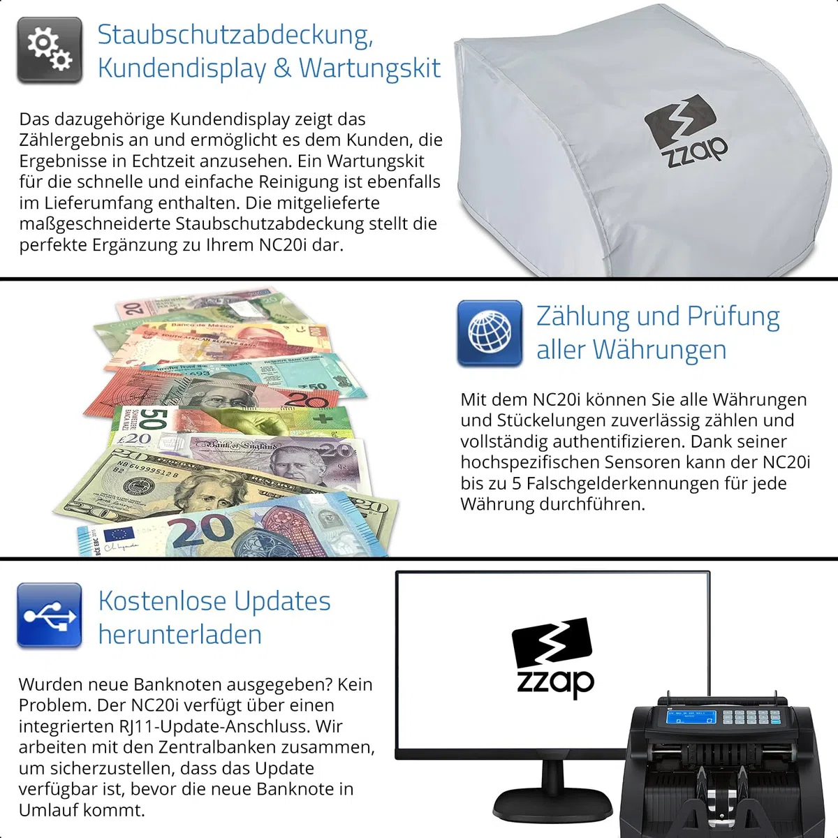ZZap NC20i Banknotenzähler & Falschgeld-Detektor - Geldzählmaschine Geldzähler Banknotenzählmaschine