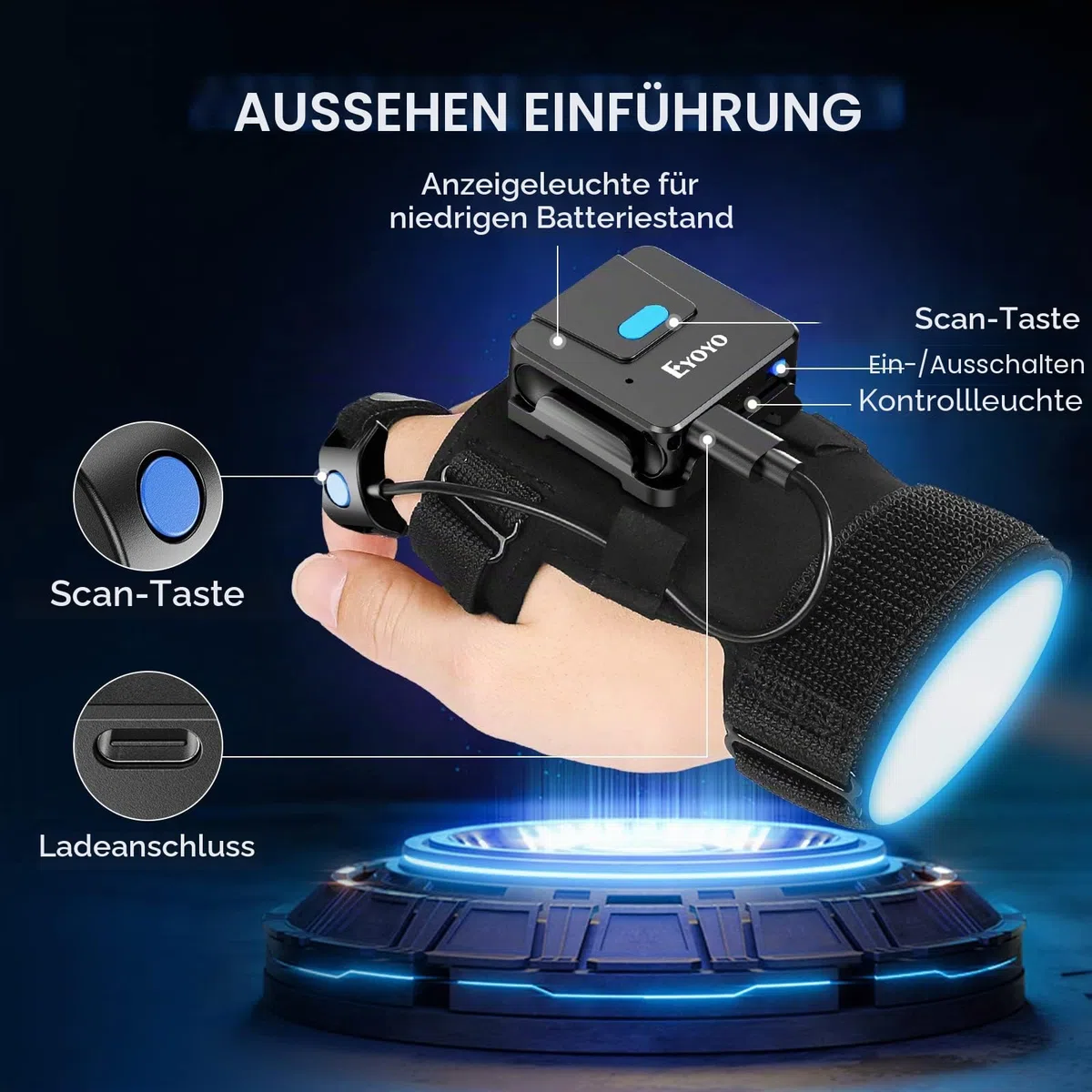 Eyoyo Wearable Glove QR Code Scanner, 1D 2D Finger Ring Bluetooth Barcode Scanner, Links & Rechts Hand Tragbar, Tragbare Drahtlose Buch Inventar Barcode Leser Kompatibel Mit iPhone iPad Android Tablet